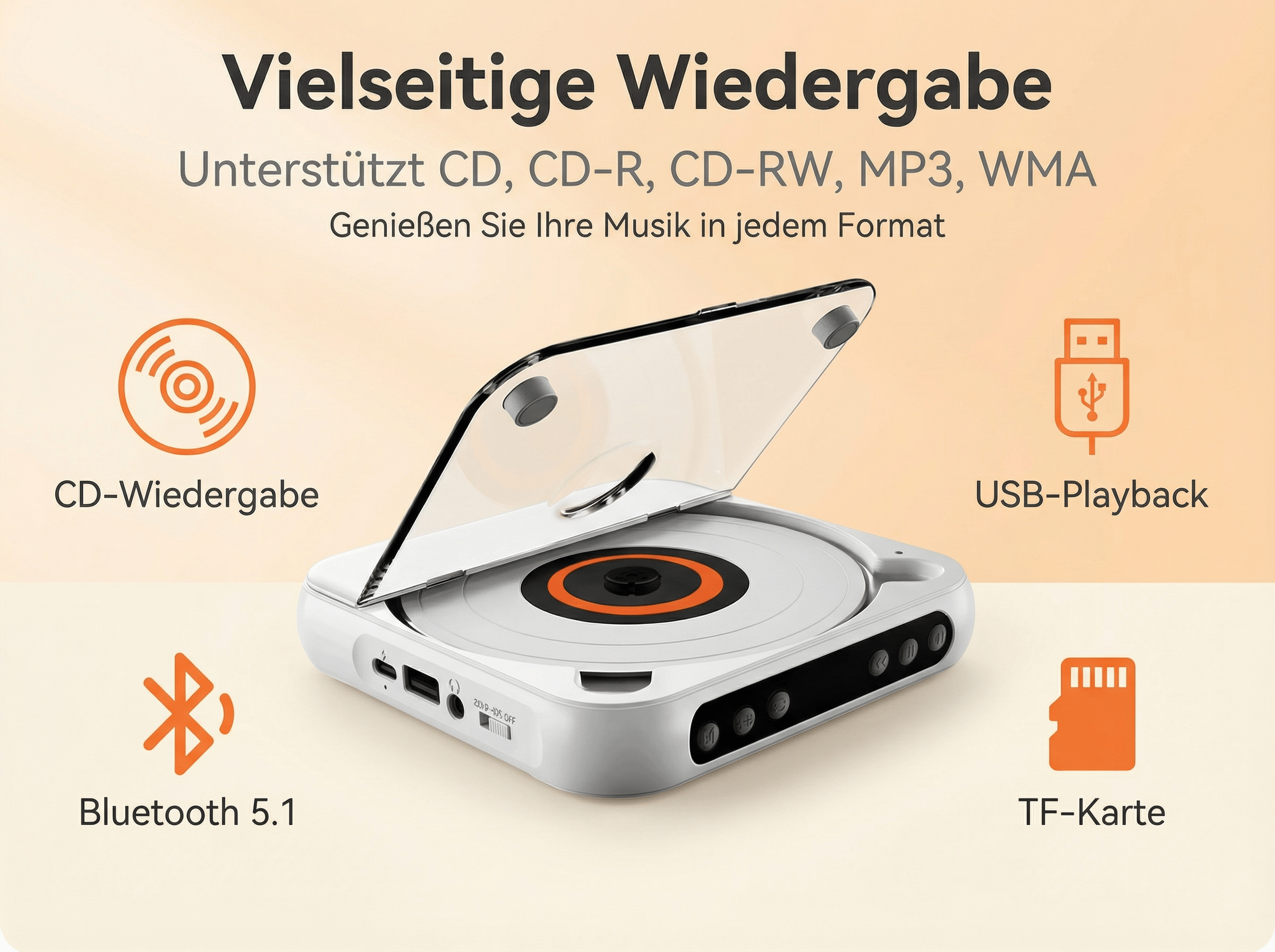 Ein tragbarer CD-Player mit USB-, Bluetooth- und TF-Karten-Unterstützung.