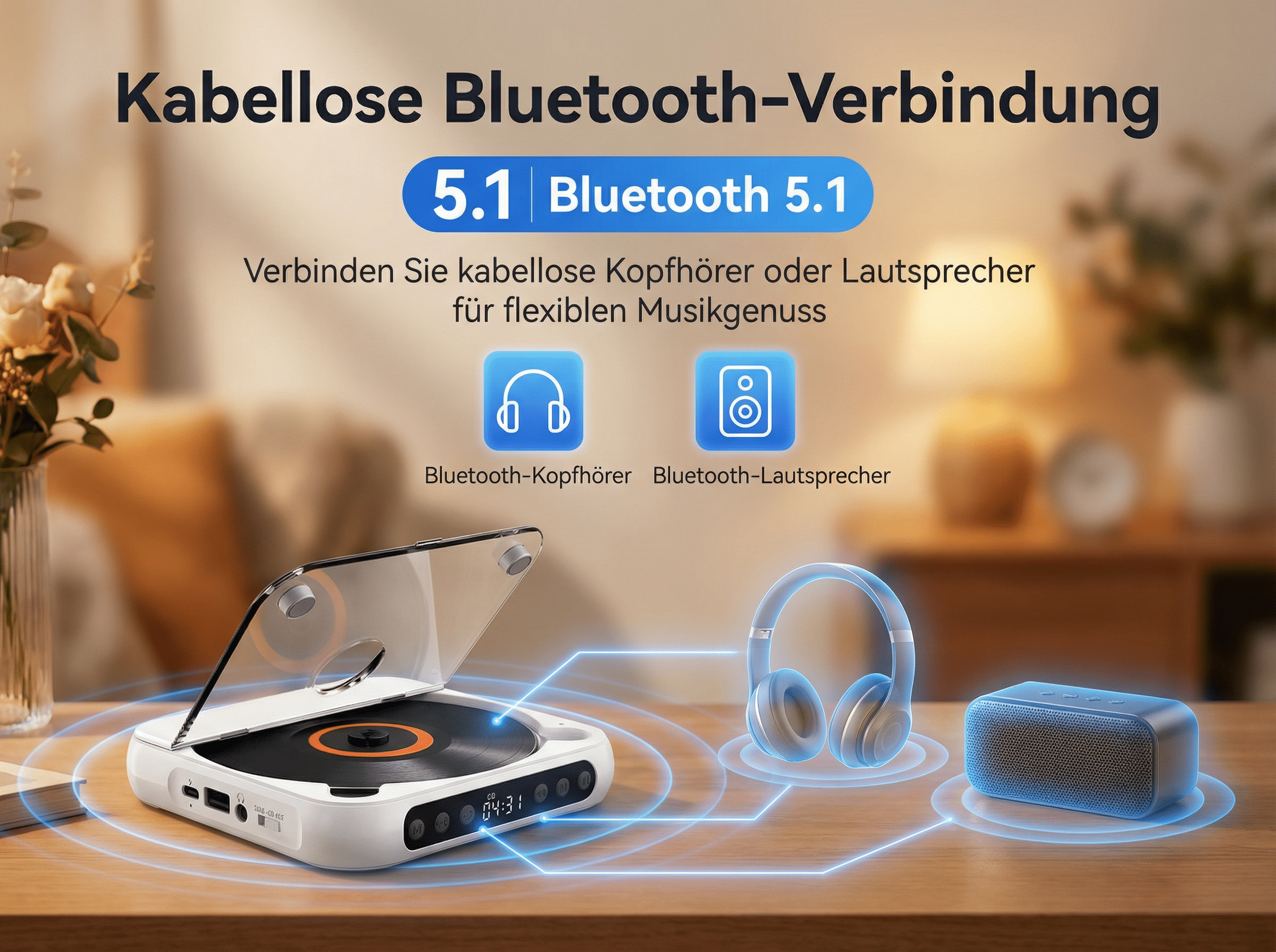Ein Plattenspieler verbindet sich drahtlos mit Kopfhörern und Lautsprechern über Bluetooth 5.1.