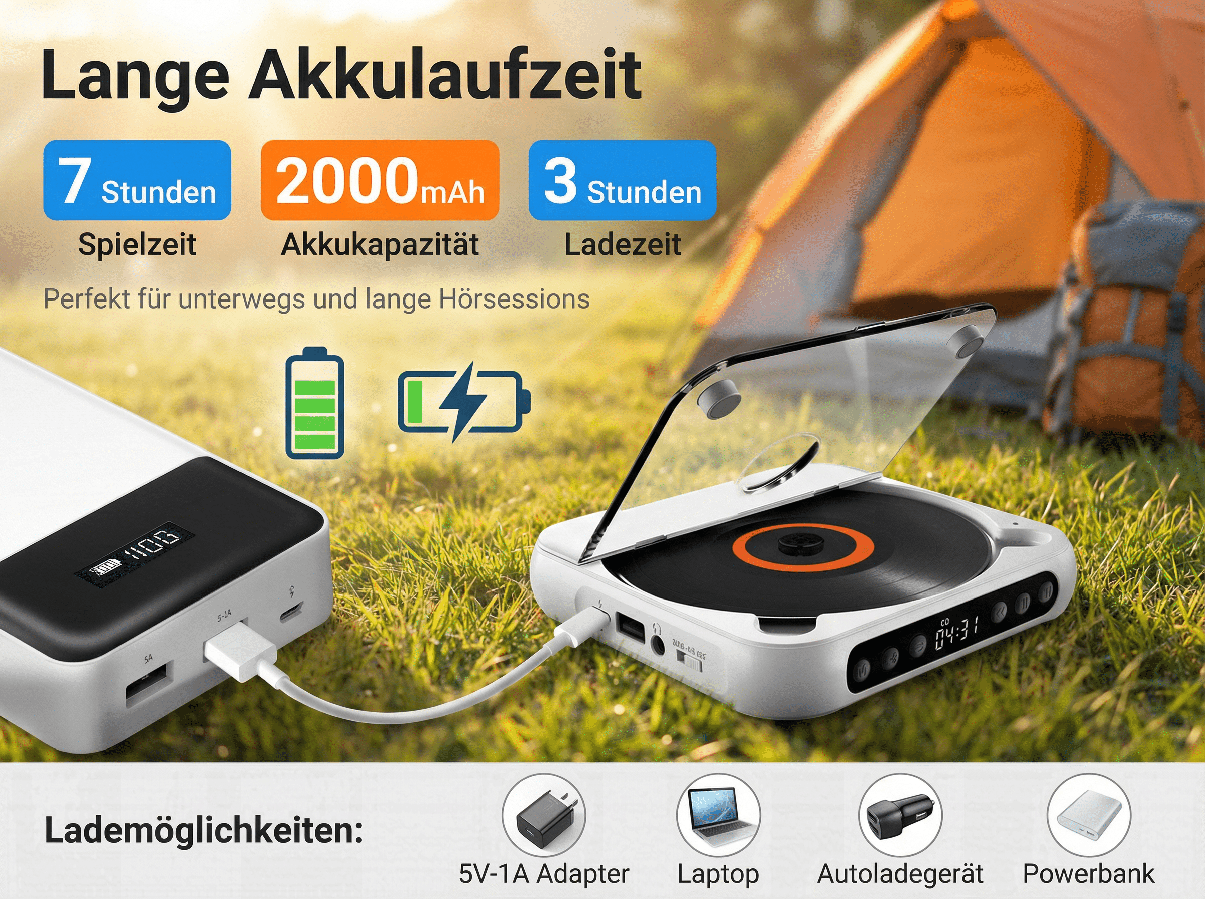 Ein tragbarer CD-Player wird von einer Powerbank geladen, draußen vor einem Zelt.