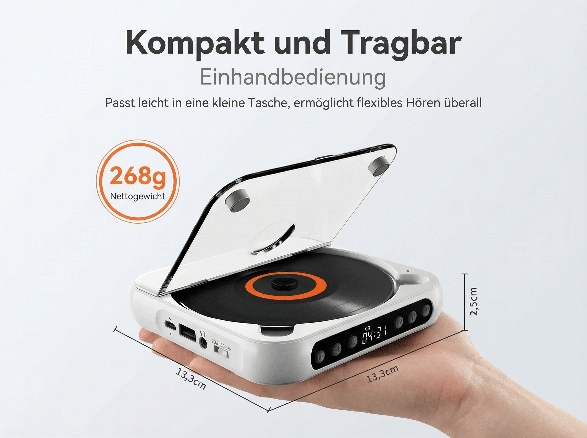 Ein tragbarer CD-Player in Weiß mit transparentem Deckel, gehalten in einer Hand.