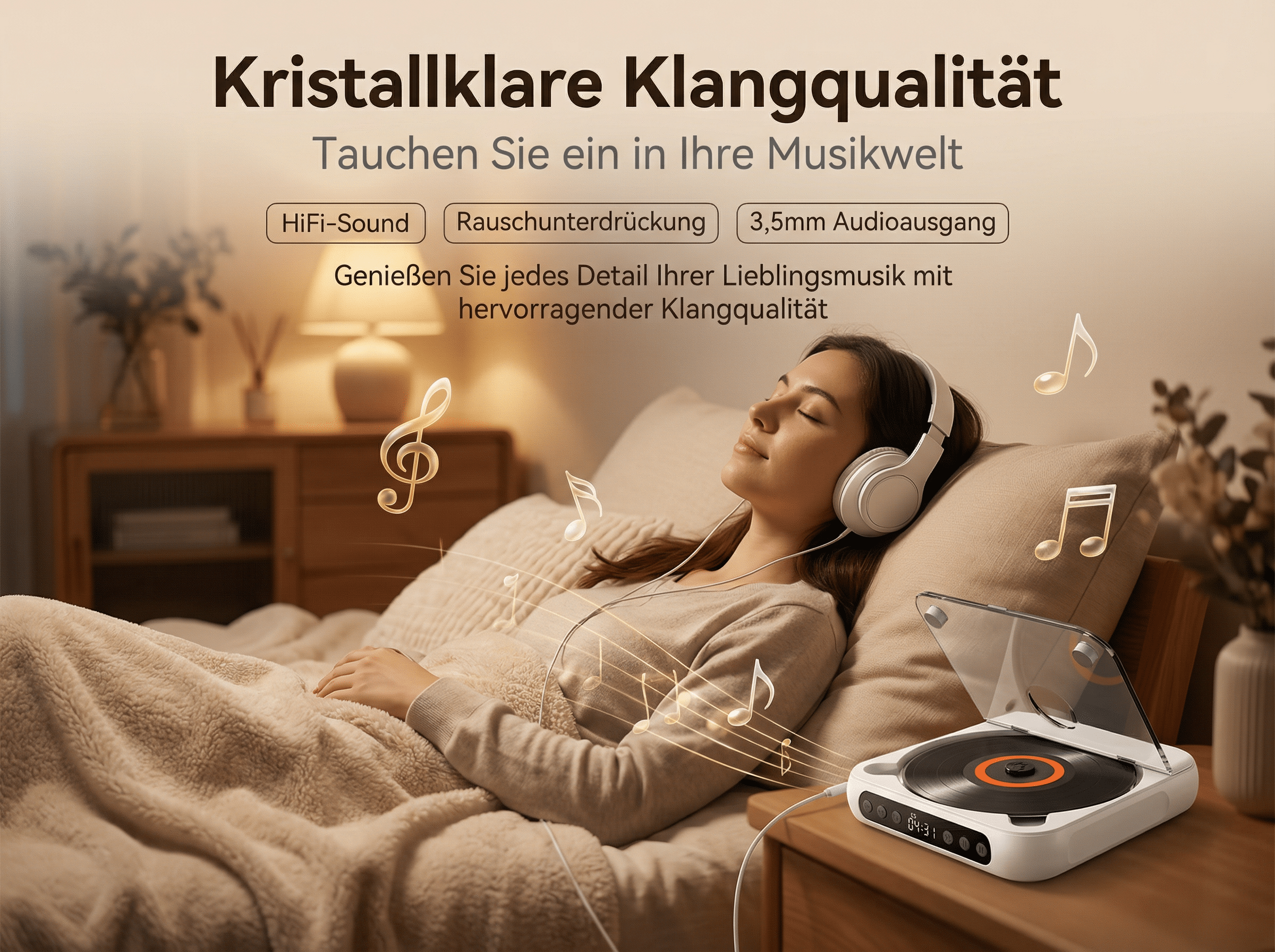 Frau mit Kopfhörern liegt entspannt im Bett und hört Musik von einem Plattenspieler.
