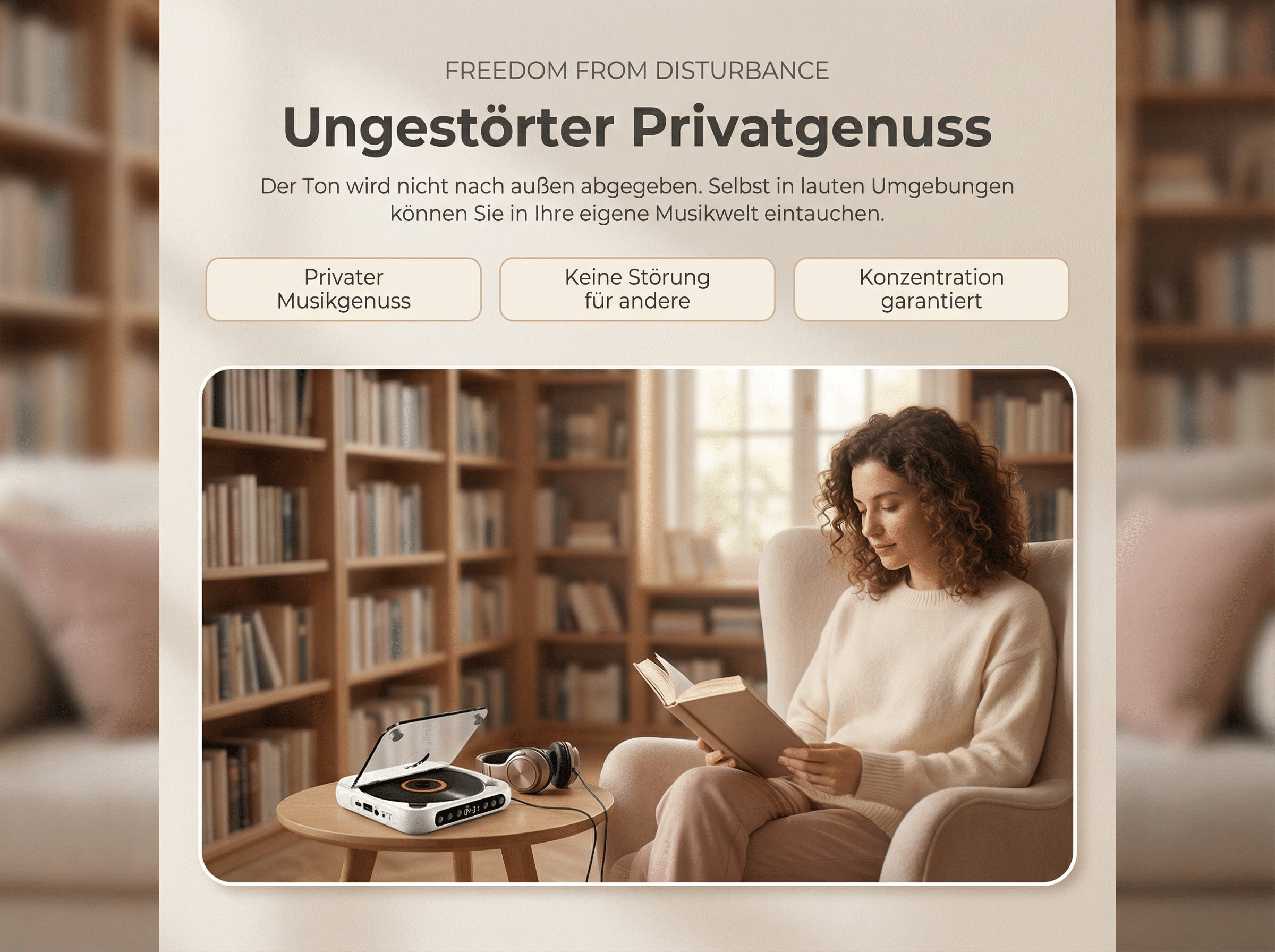Frau liest Buch, daneben CD-Player und Kopfhörer in Bücherregal-Kulisse.