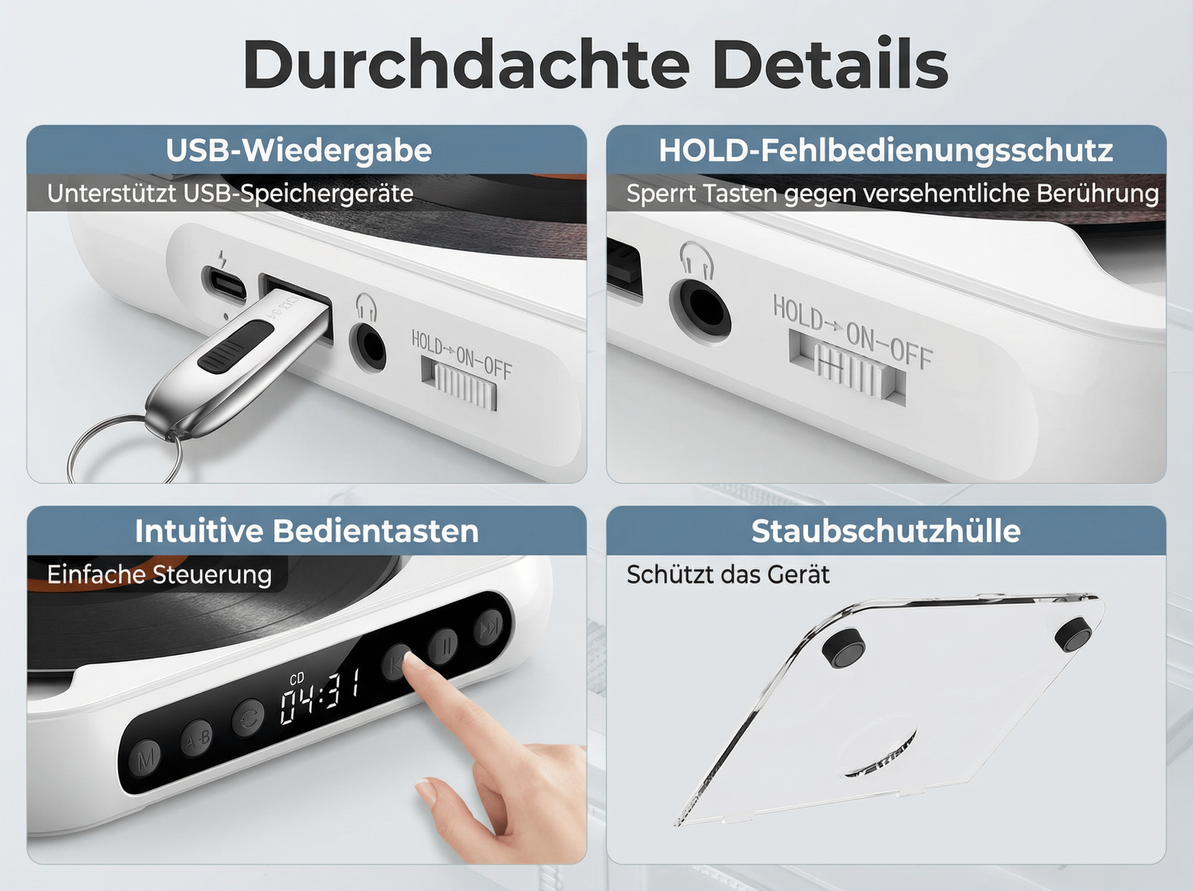 Ein USB-Stick wird in ein Gerät gesteckt, Tasten sind bedienbar, und eine Schutzhülle.