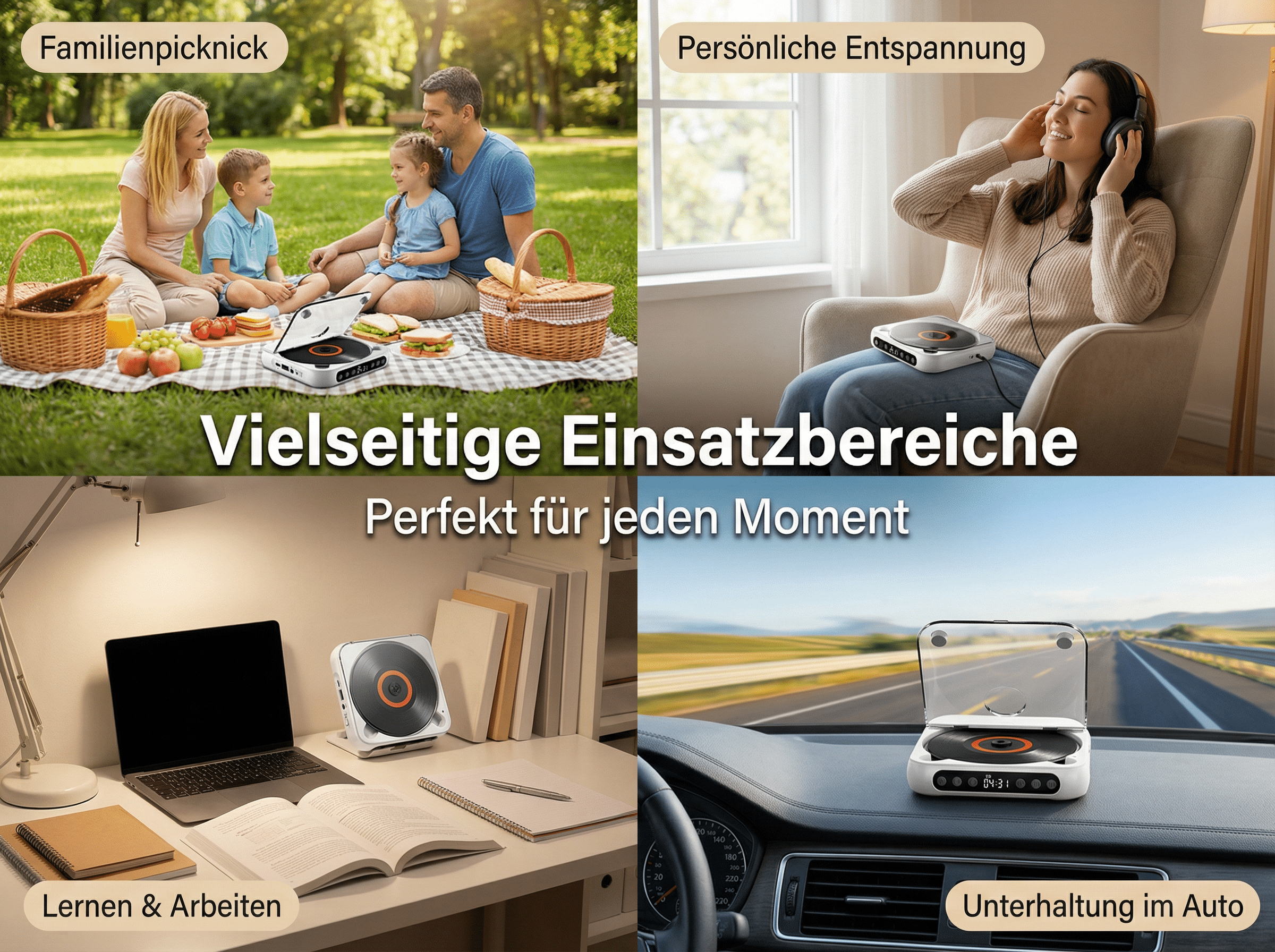 Familie beim Picknick, Frau entspannt mit Kopfhörern, Schreibtisch mit Laptop, Auto-Innenraum.