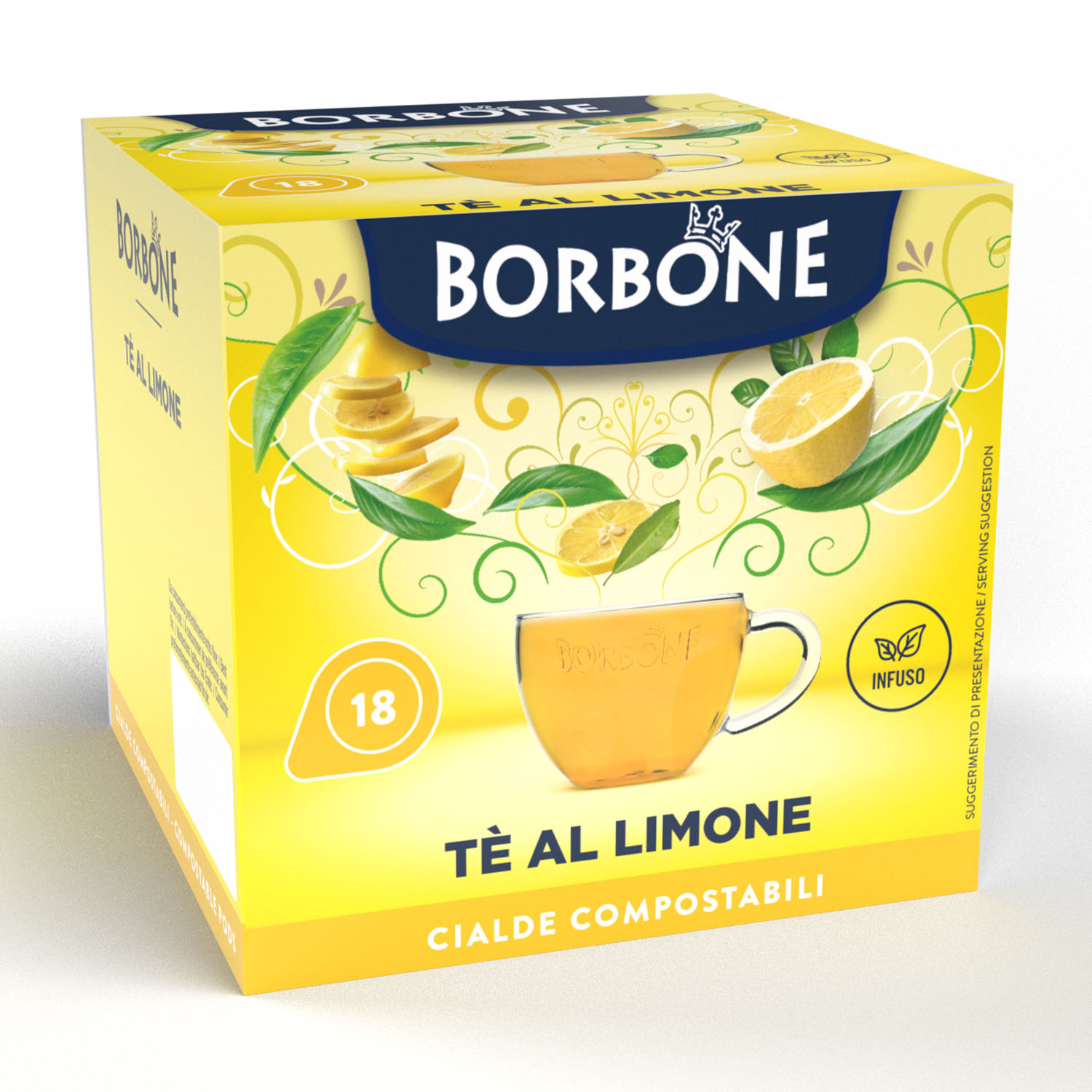 Confezione di tè al limone Borbone con tazza, fette di limone e foglie.