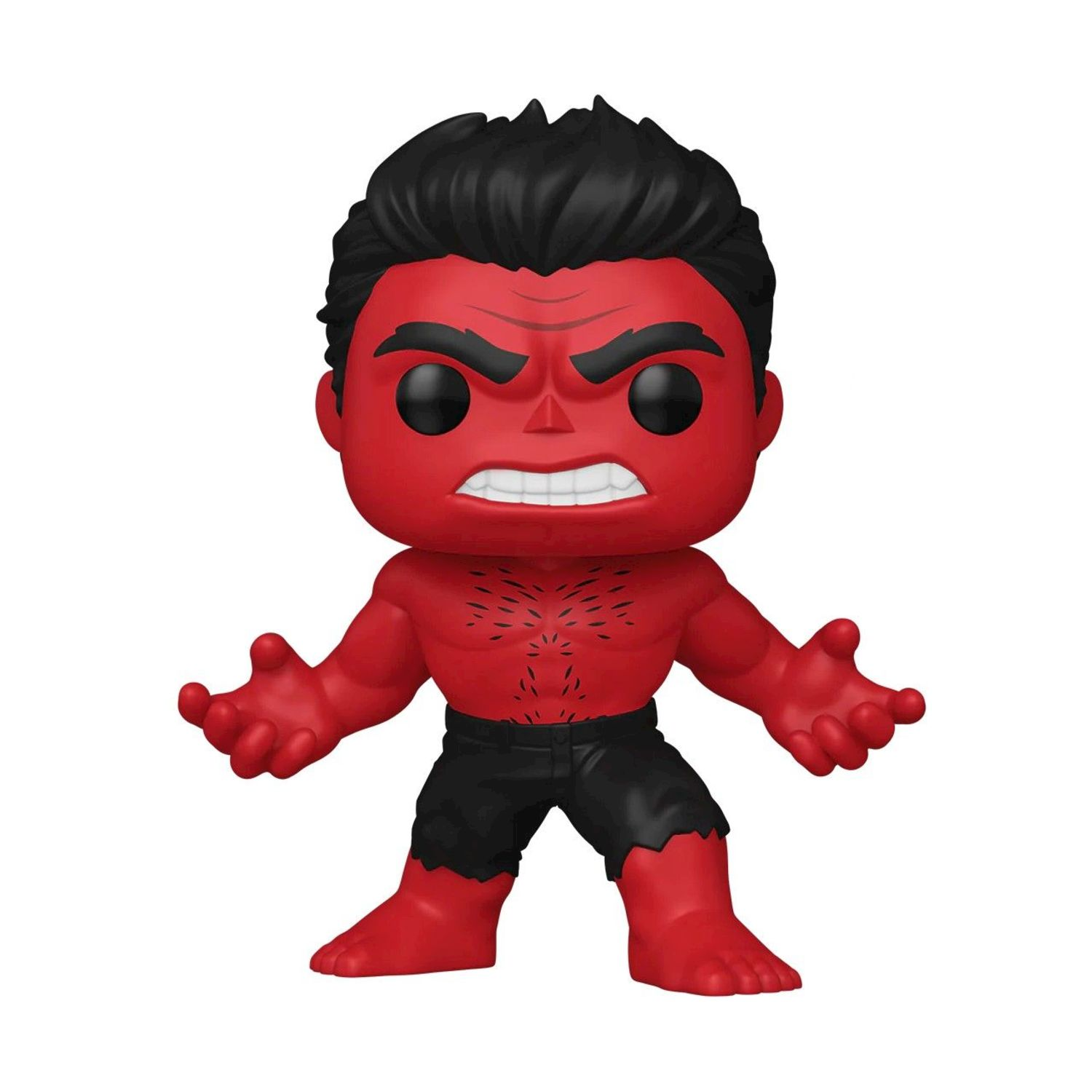Czerwona figurka komiksowa z czarnymi włosami, gniewną twarzą i czarnymi spodenkami.
