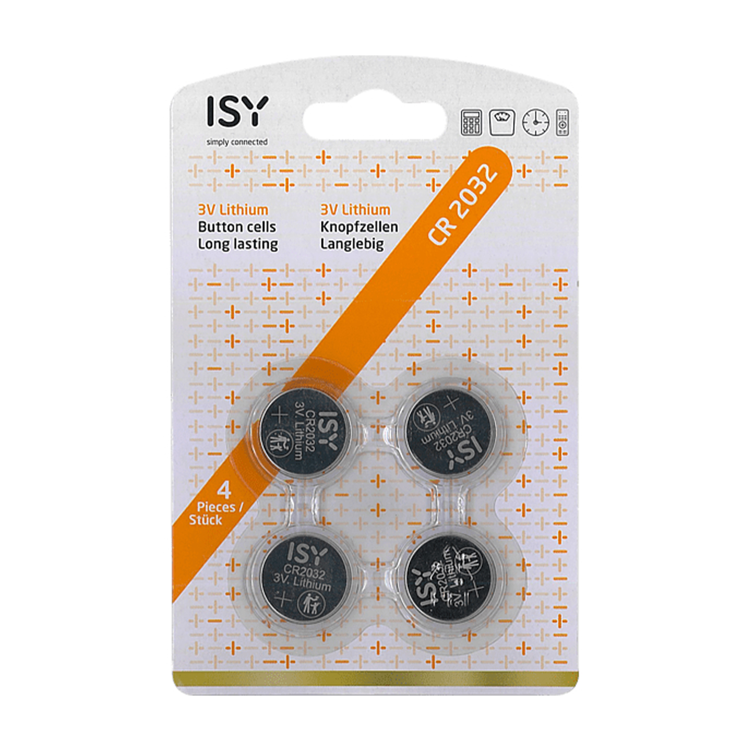 Confezione con quattro pile a bottone al litio ISY CR2032 3V.