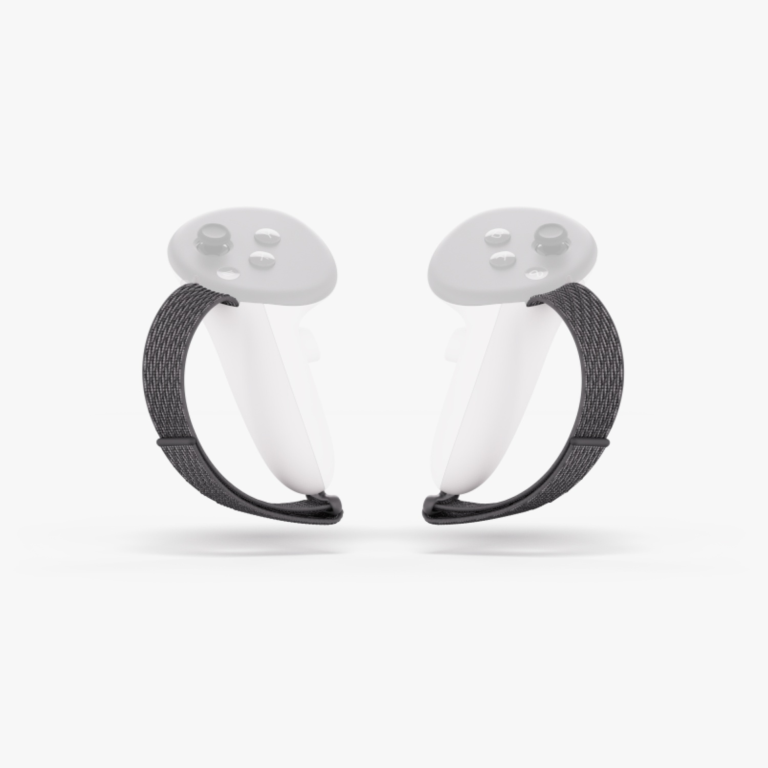Due controller VR bianchi con cinghie da polso grigie su sfondo bianco.