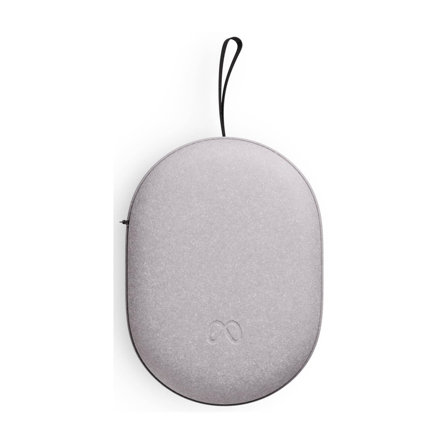 Szare owalne etui z czarnym uchwytem i logo.