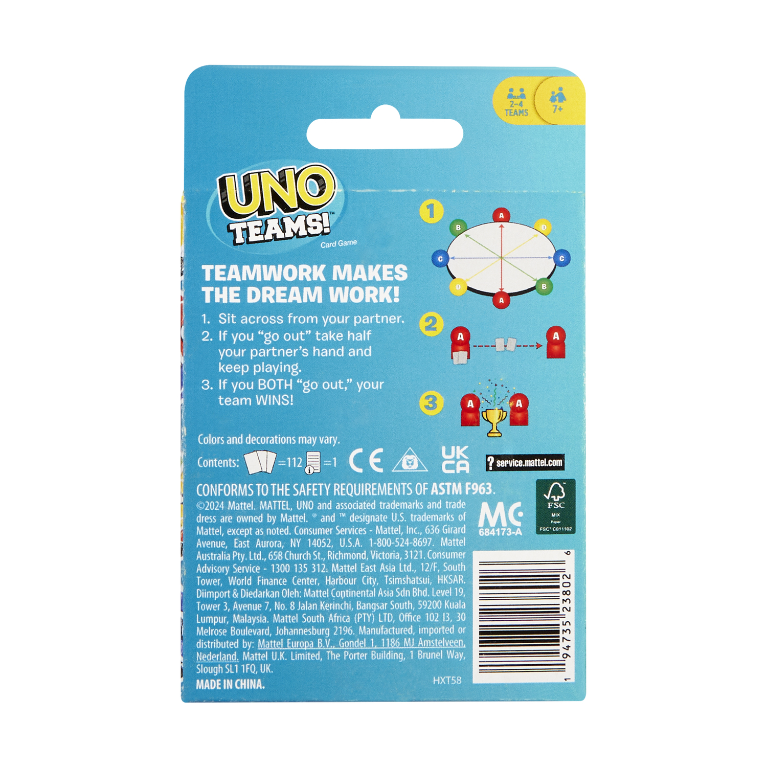 Caja del juego UNO Teams con reglas e íconos de jugadores y edad.