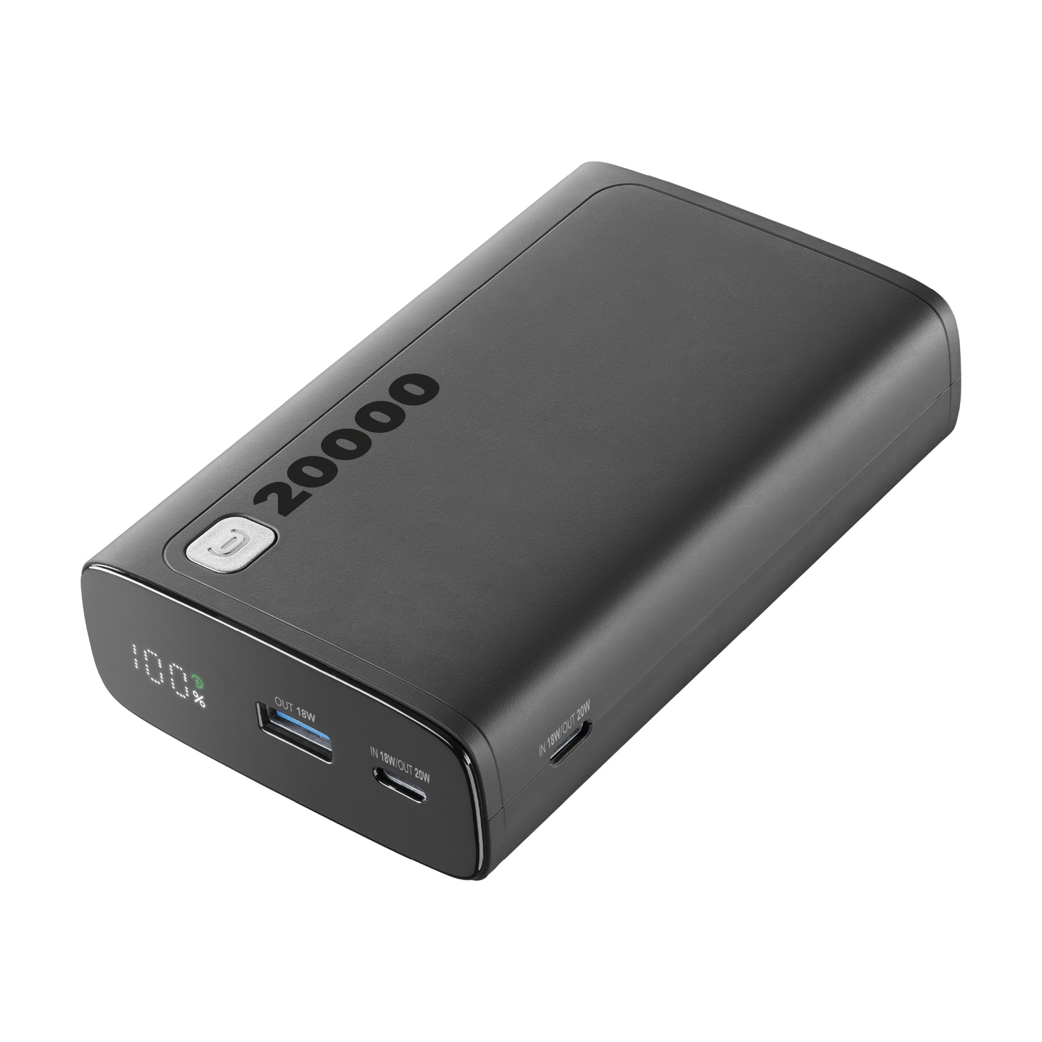 Schwarzes Powerbank mit 20000 Kapazität, 100% Ladung, USB-A und USB-C Anschlüssen.