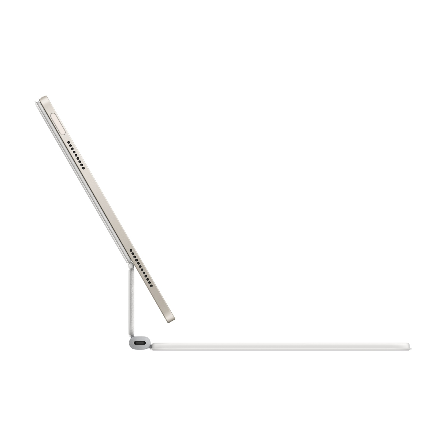 Un tablet oro chiaro con supporto tastiera, mostrato di lato.