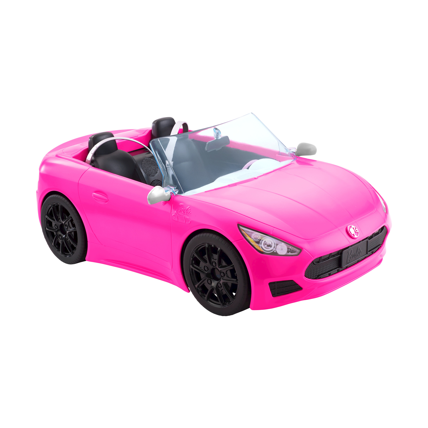 Różowy kabriolet sportowy Barbie z czarnymi felgami i skórzanymi siedzeniami.