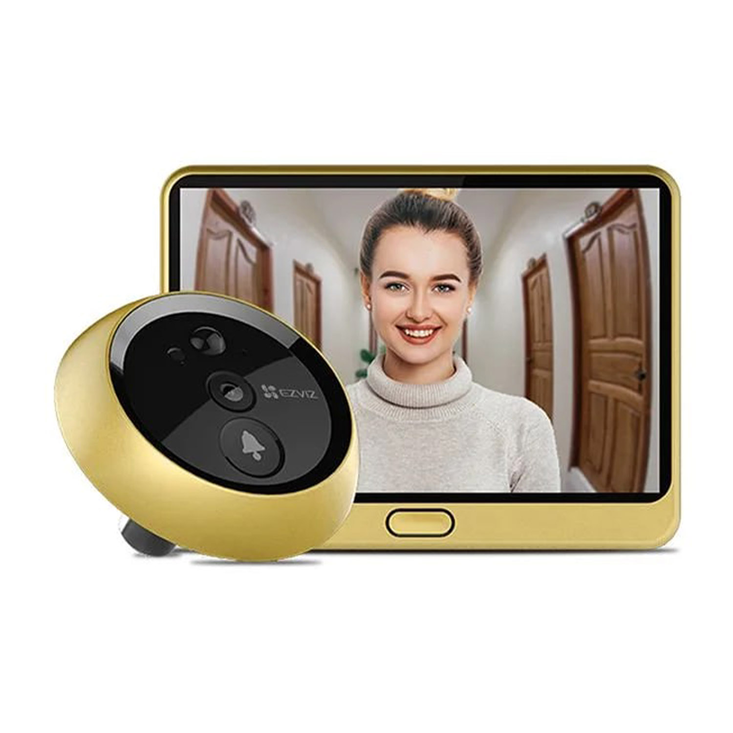 Gold smart doorbell camera with screen showing smiling woman in turtleneck sweater.