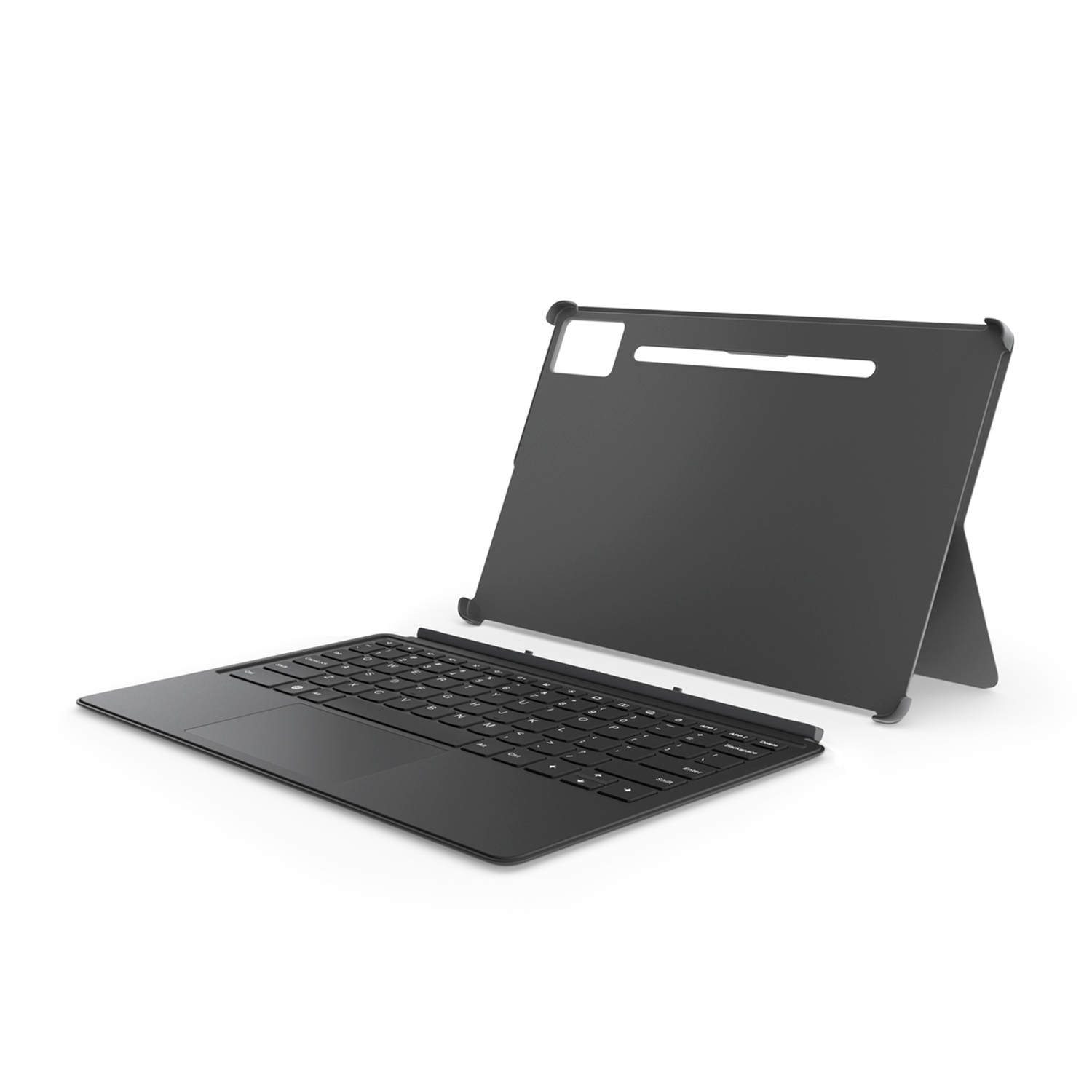 Ein schwarzes Tablet mit Tastatur und Ständer, freigestellt auf weißem Hintergrund.