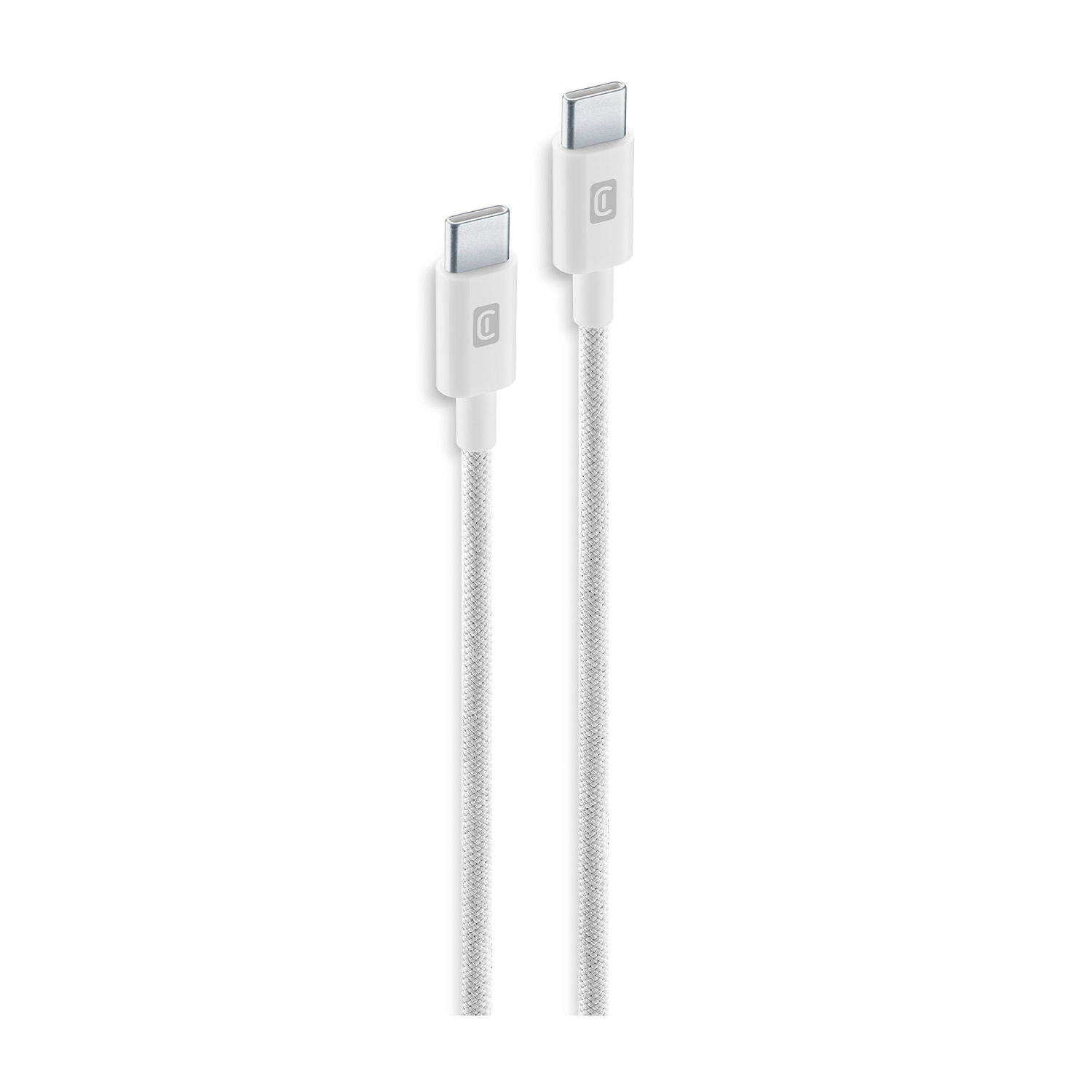 Due cavi USB-C bianchi con connettori argentati su sfondo bianco.