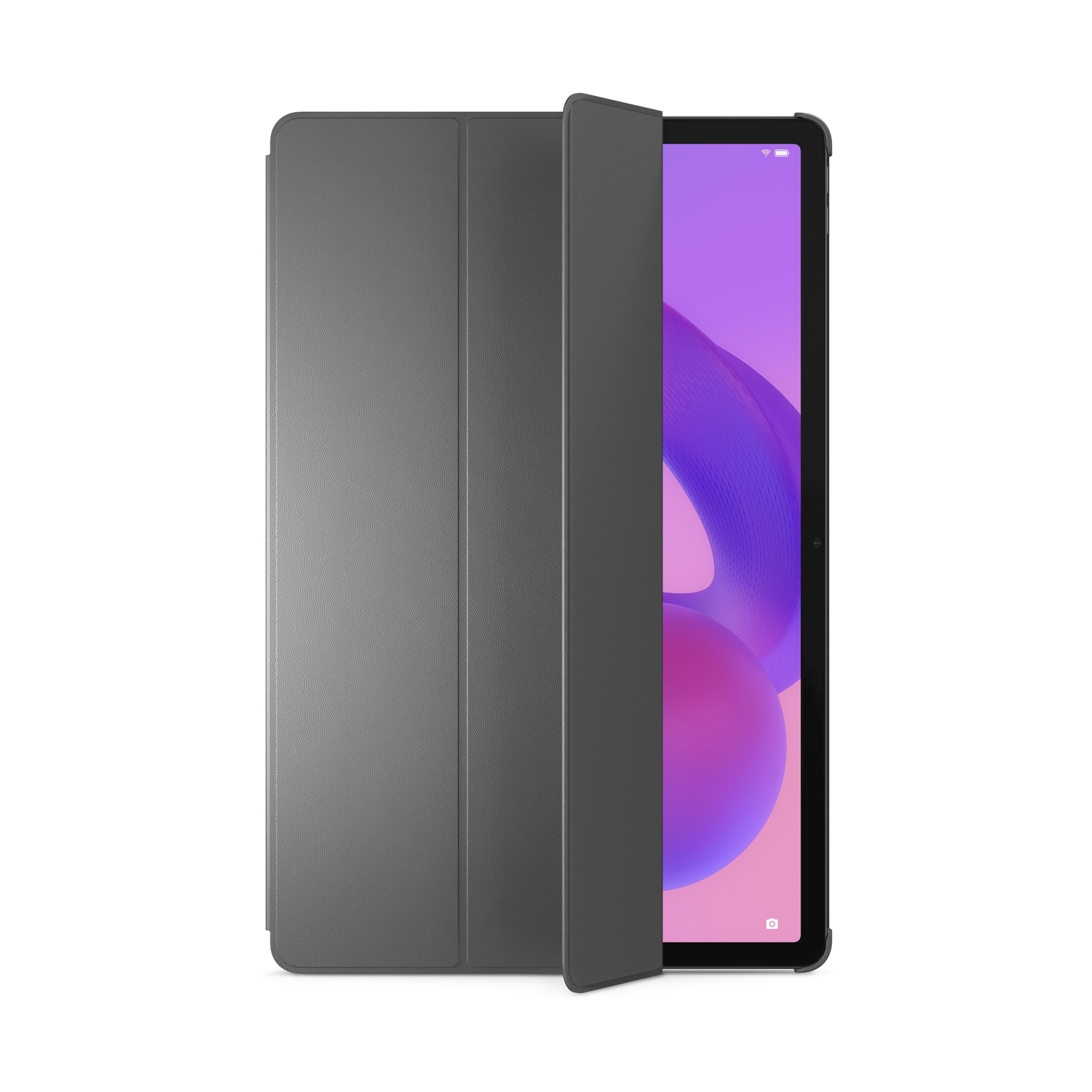 Una custodia grigia per tablet con un tablet parzialmente aperto che mostra uno sfondo viola.