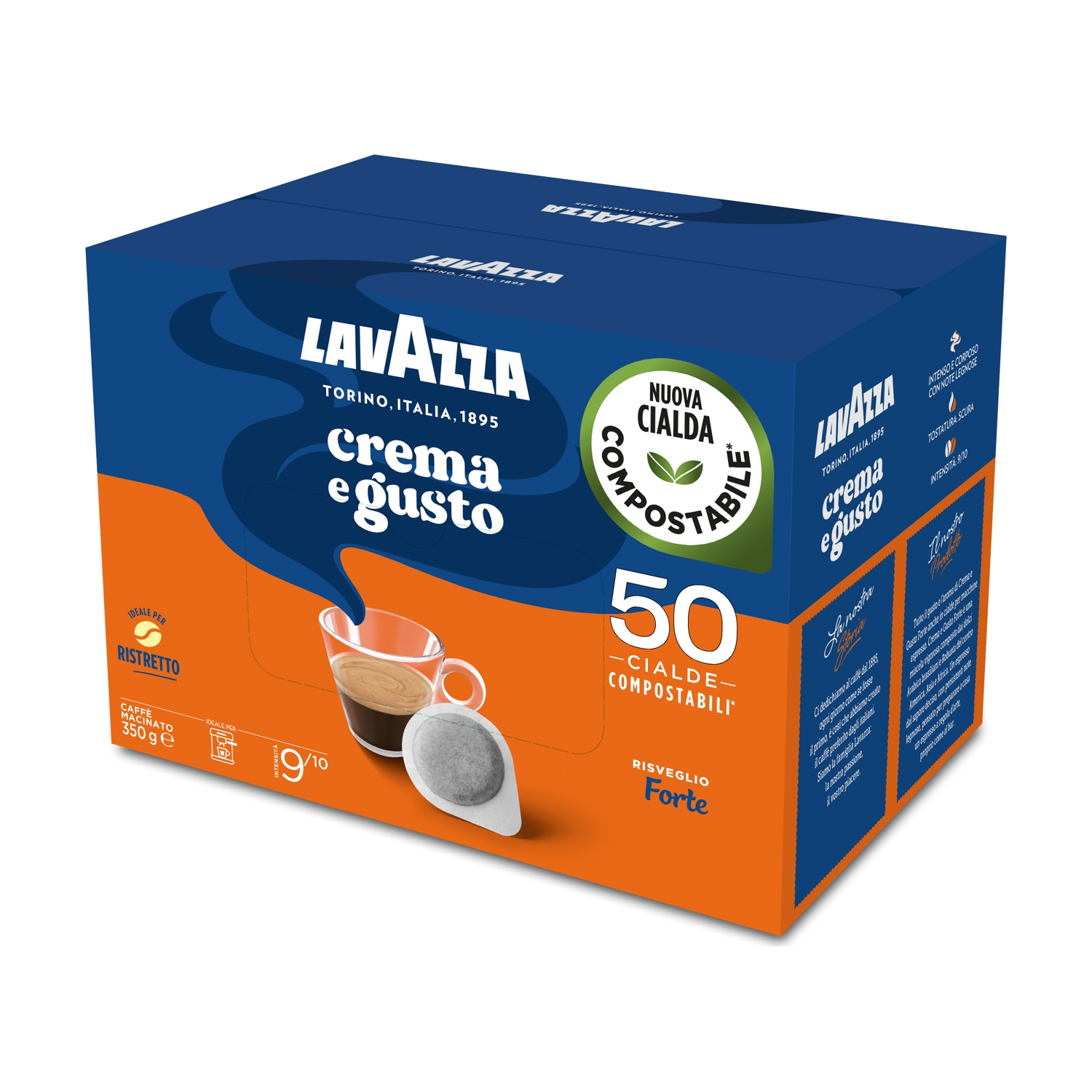 Confezione da 50 cialde Lavazza Crema e Gusto, intense e corposo.