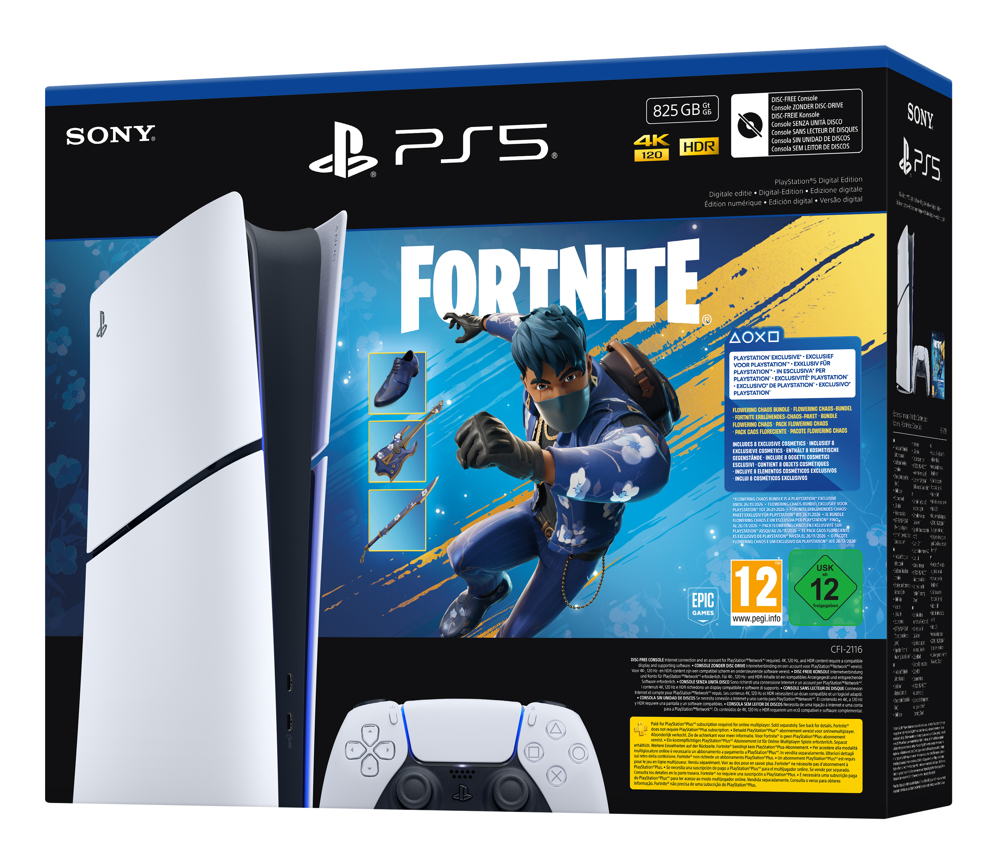 PlayStation 5 Digital Edition Fortnite Bundle mit Controller und Spiel.