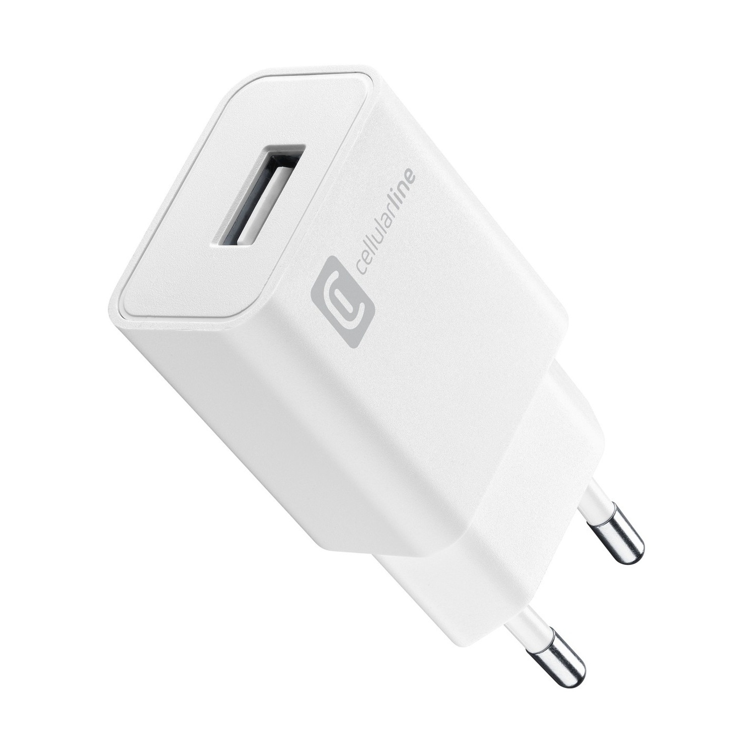 Un adaptador de corriente USB blanco con el logo de Cellularline.