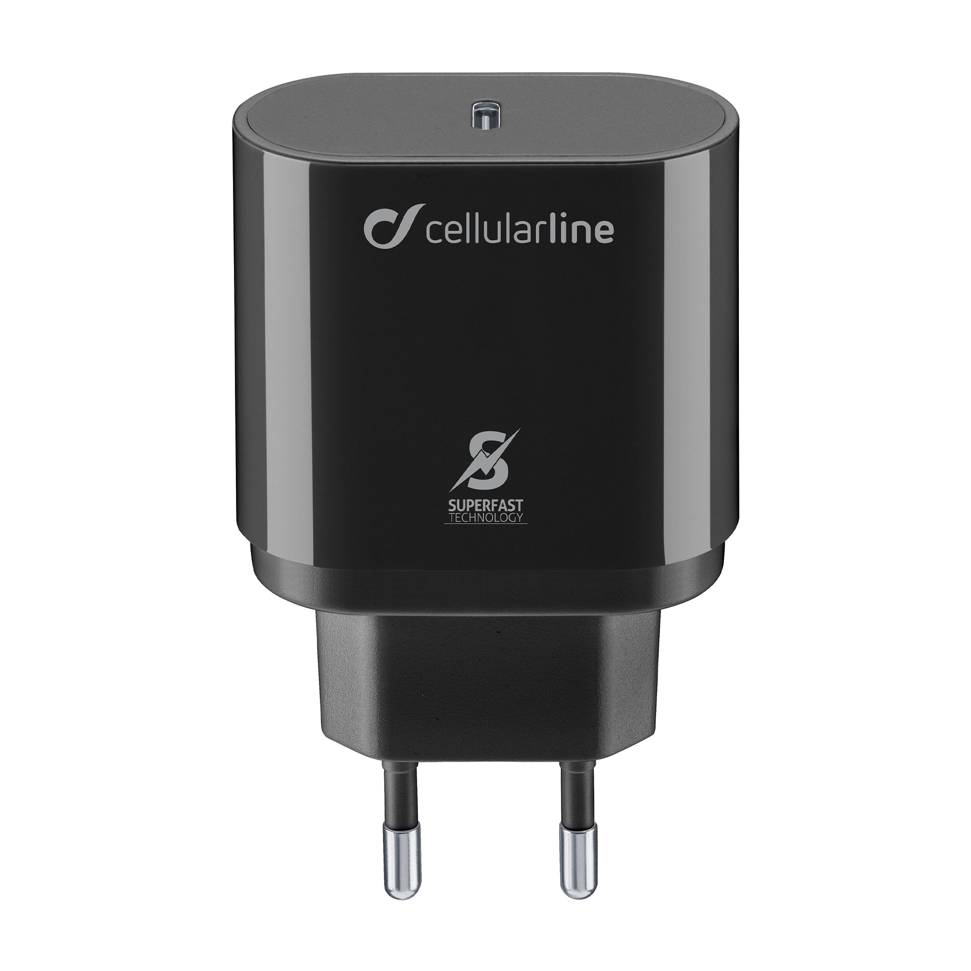 Chargeur noir Cellularline avec deux broches et un port USB-C.