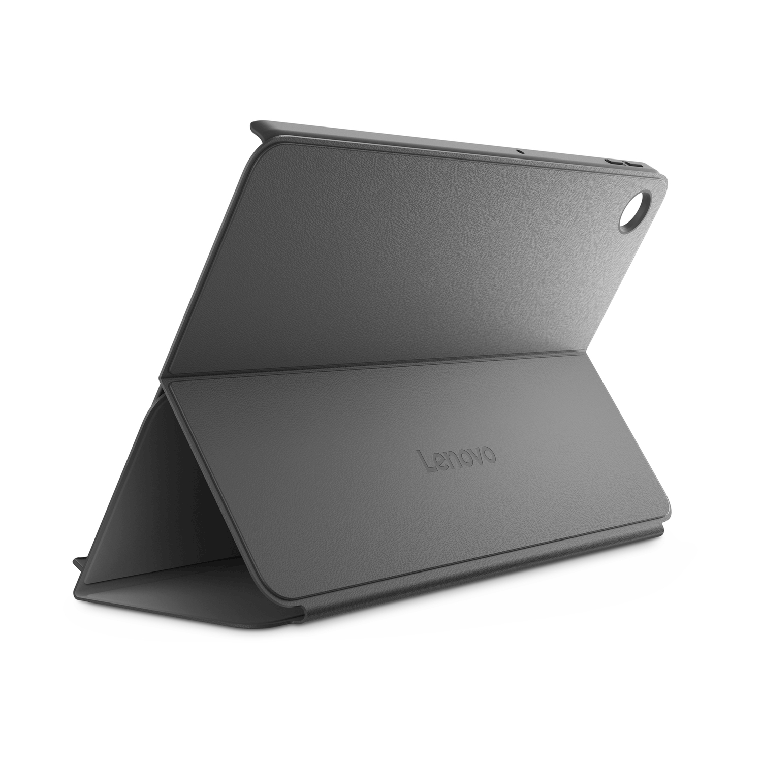 Un tablet Lenovo grigio con la sua cover appoggiata su sfondo bianco.