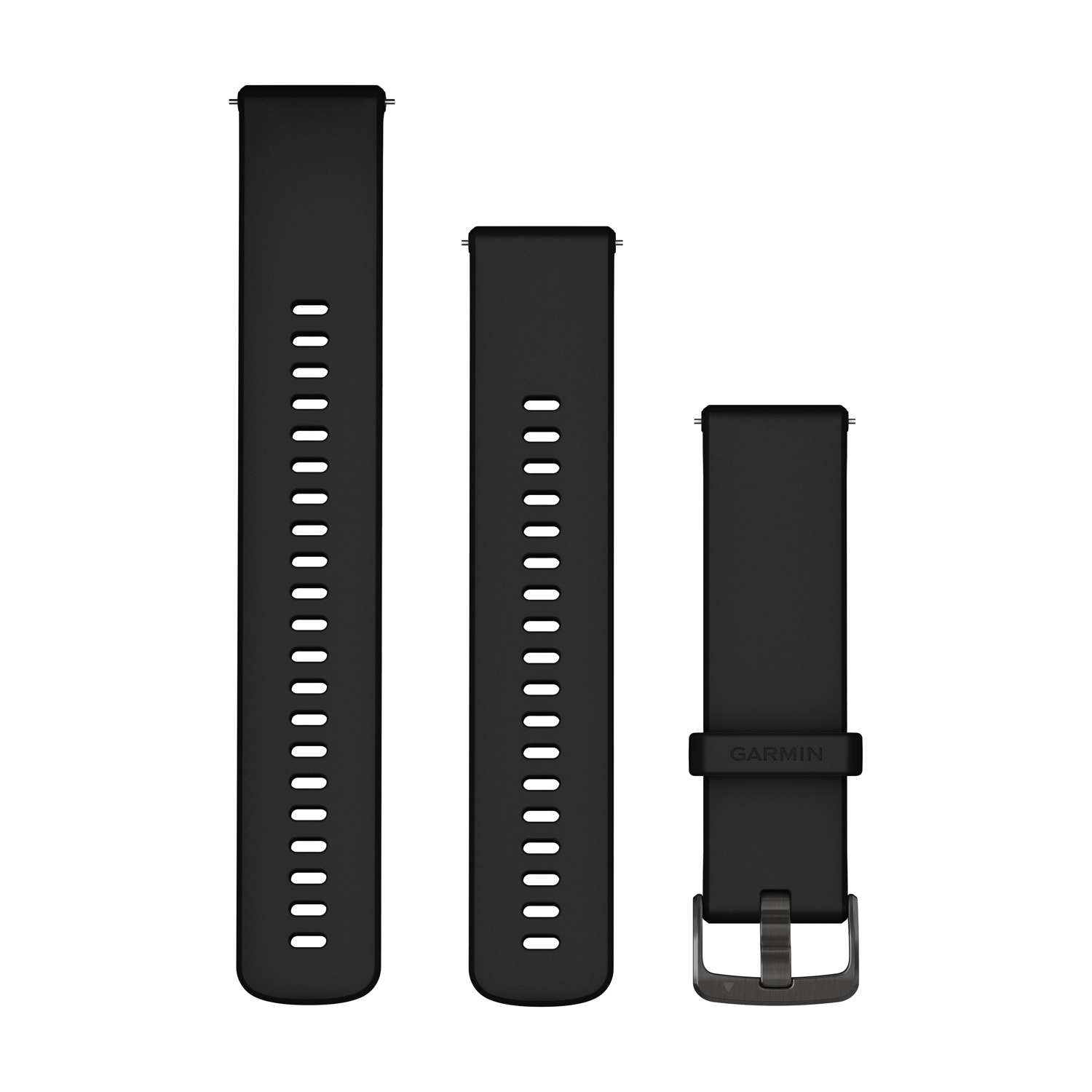 Drei schwarze Armbänder mit Löchern und einer Schnalle. Das rechte hat ein Garmin-Logo.