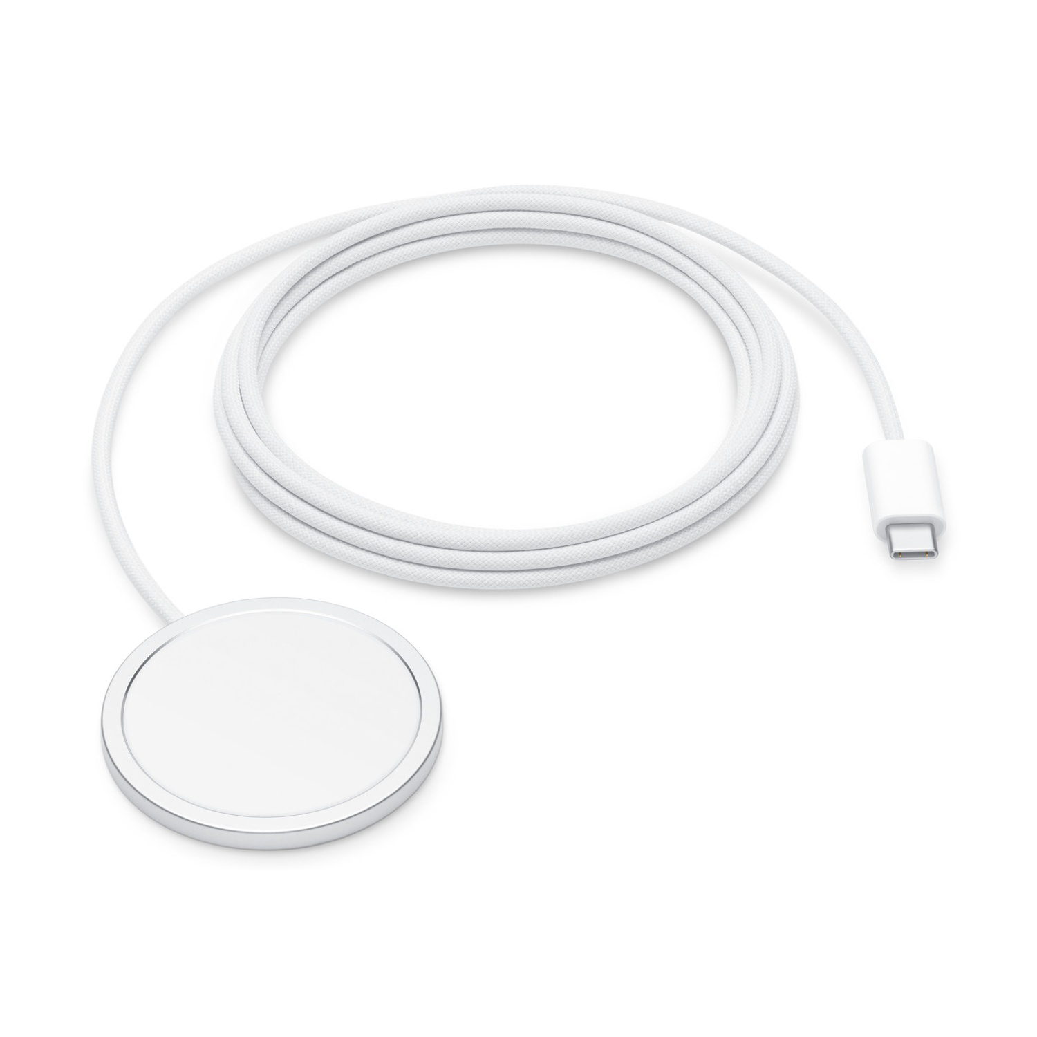 Cavo intrecciato bianco con connettore USB-C e caricatore magnetico circolare.