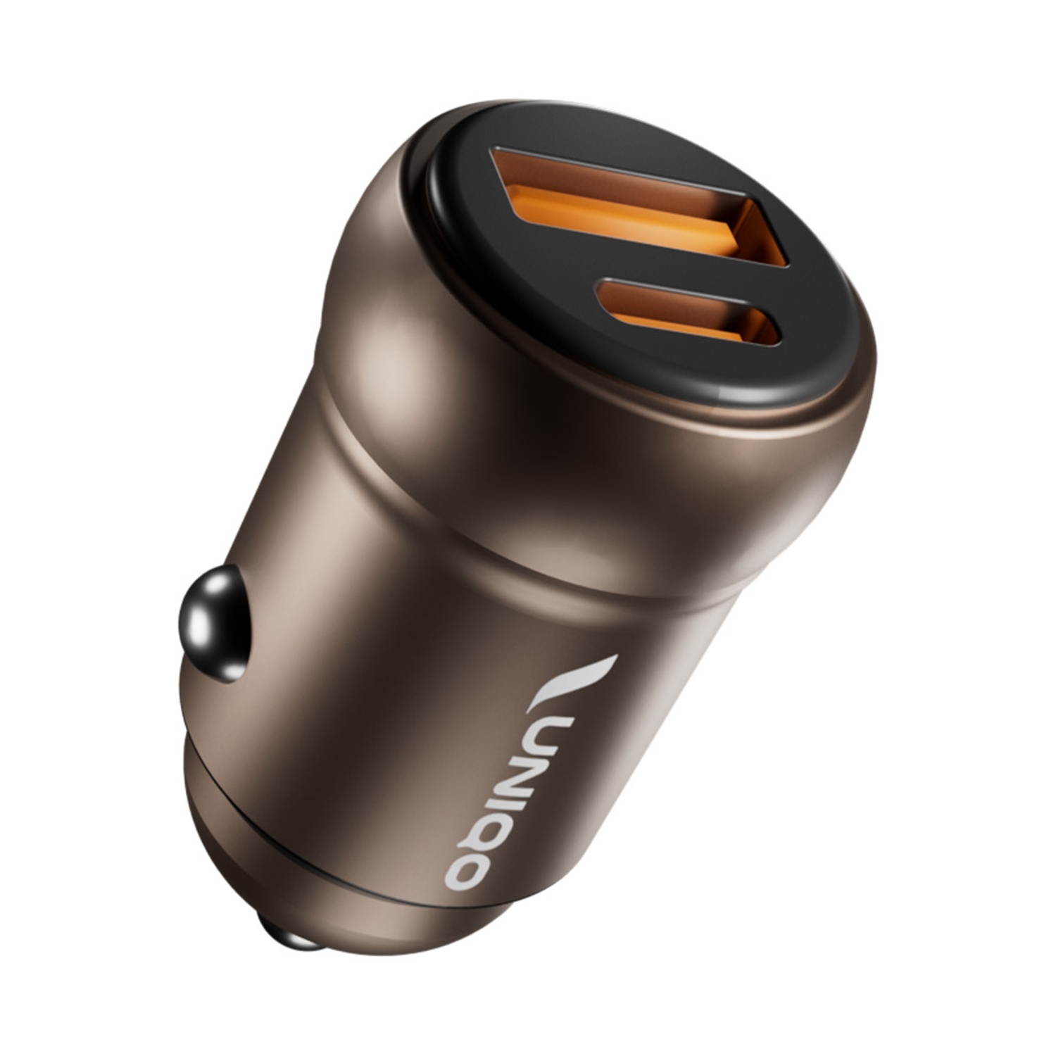 Un adattatore caricabatterie per auto in bronzo con due porte USB arancioni.