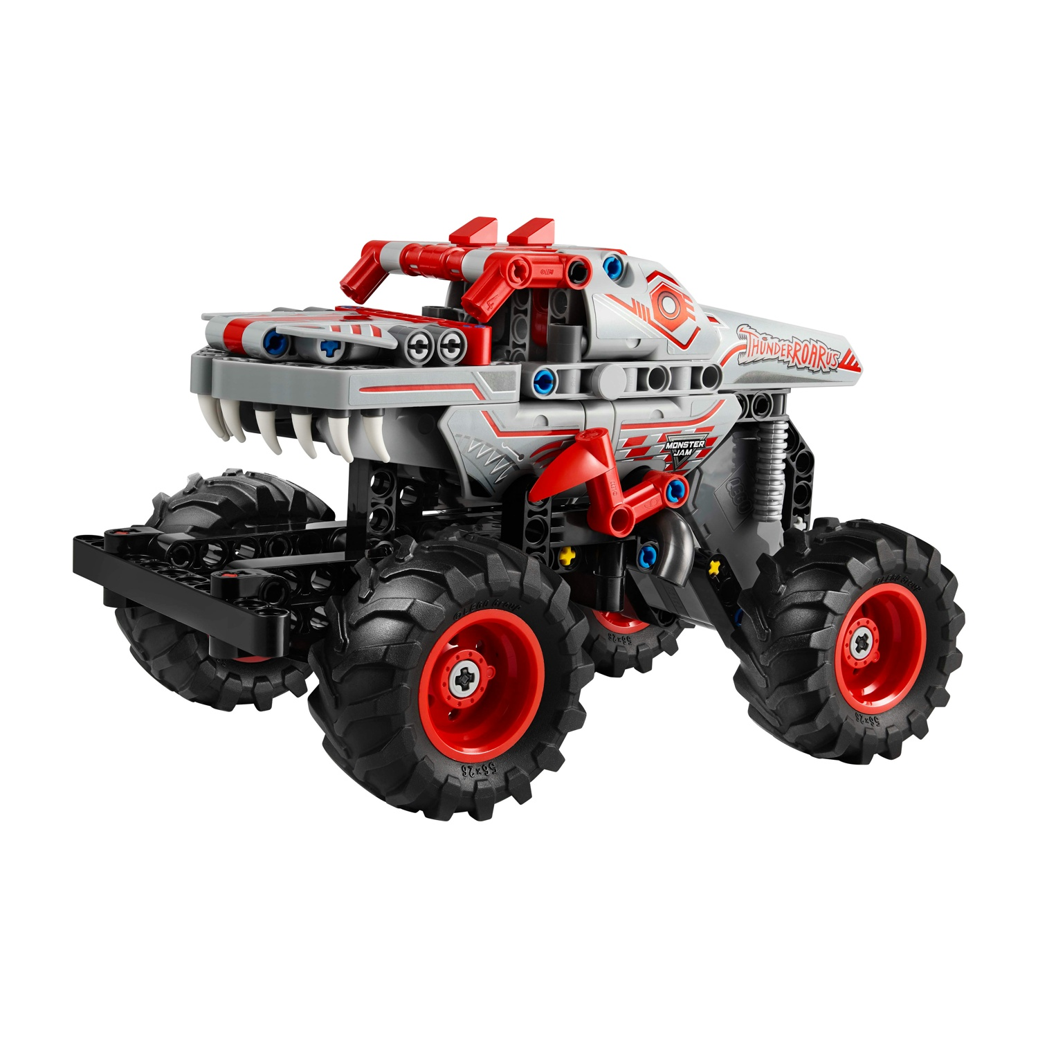 Szaro-czerwony monster truck Lego z dużymi oponami i zębami.