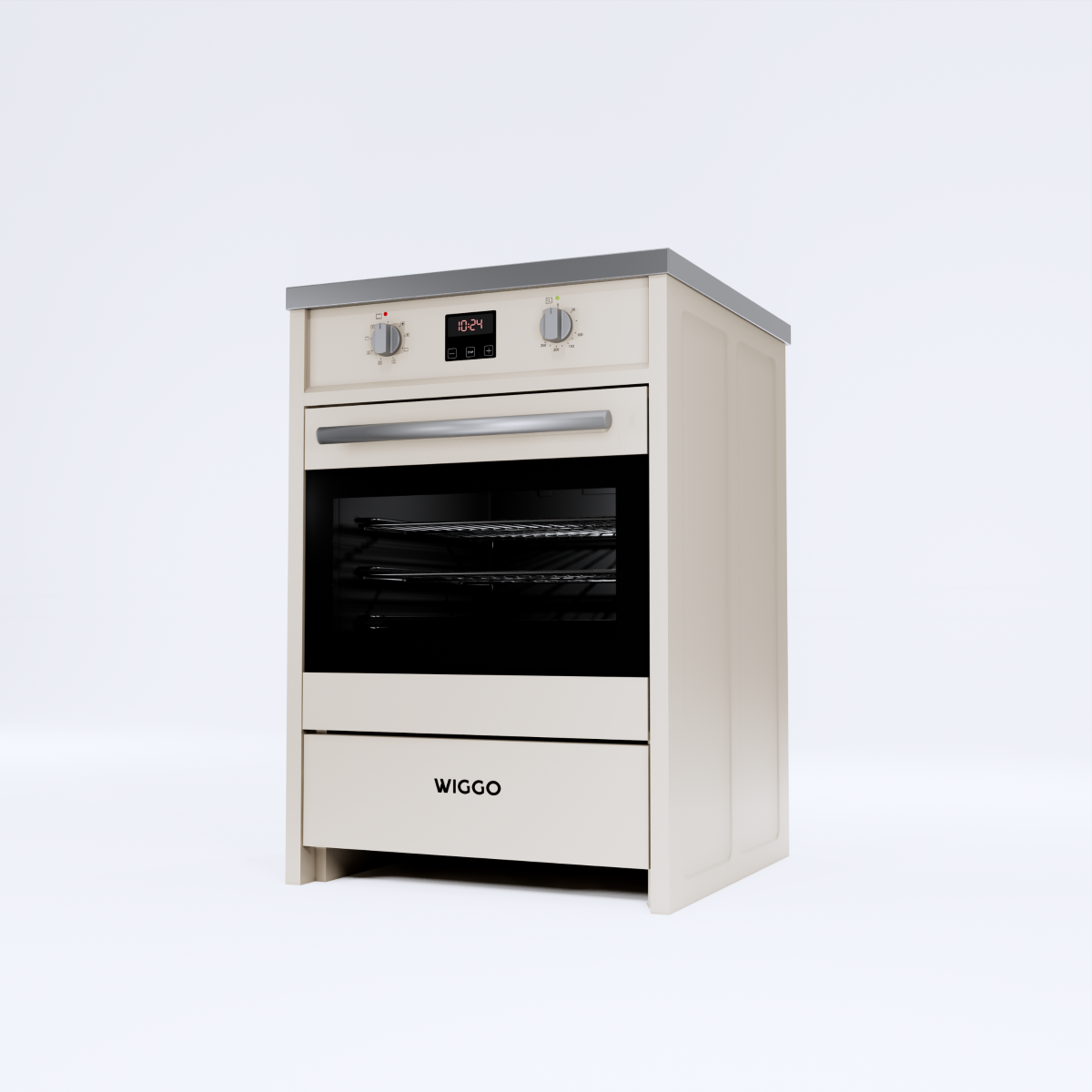 A cream-colored oven with a silver handle and digital display.