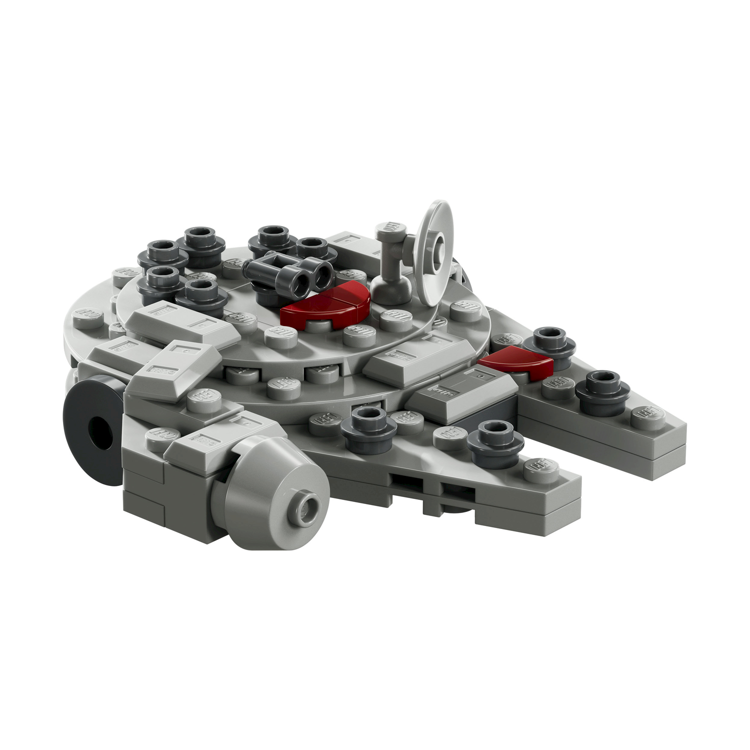 Szary statek kosmiczny Lego z czerwonymi akcentami na białym tle.