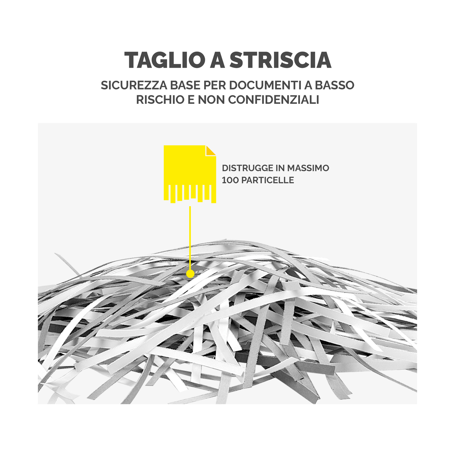 Stos posiekanych białych pasków papieru. Żółta ikona wskazuje 100 cząstek.