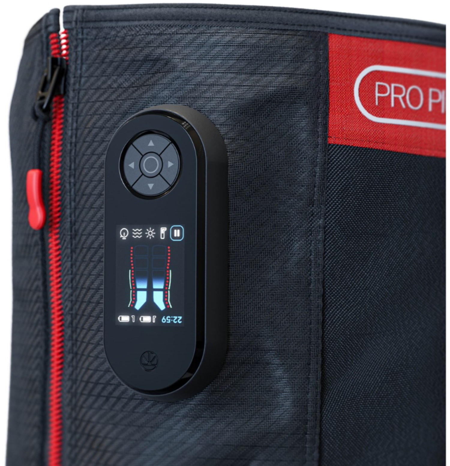 Czarne urządzenie z czarno-czerwoną tkaniną, wyposażone w cyfrowy wyświetlacz i panel sterowania.