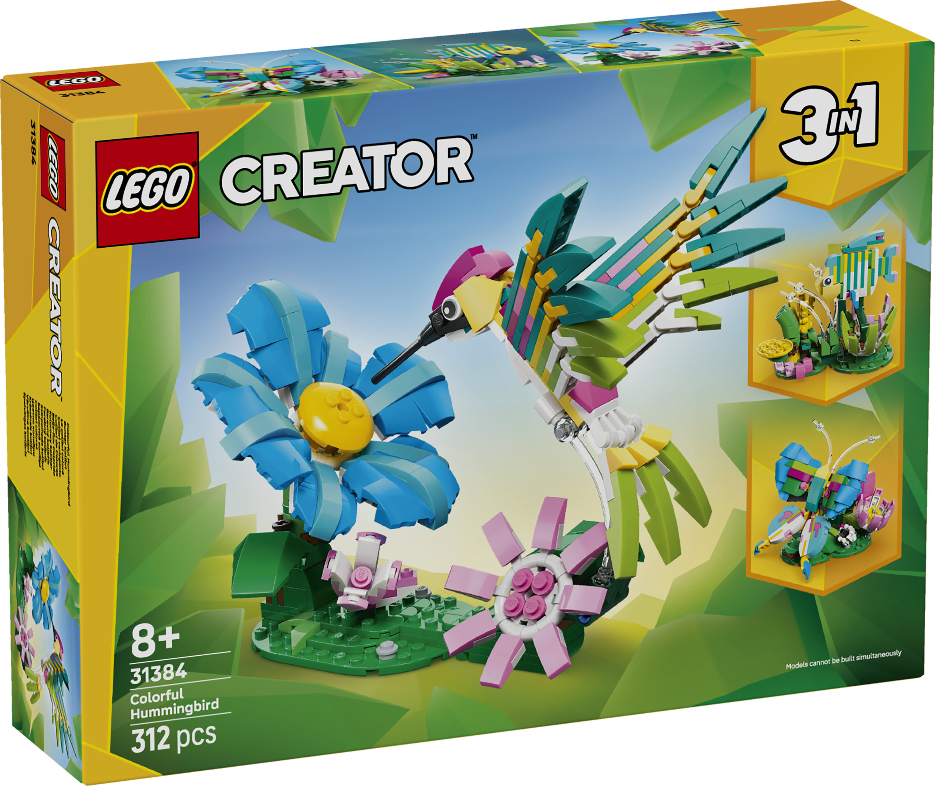 Zestaw LEGO Creator z kolorowym kolibrem siedzącym na kwiatku.