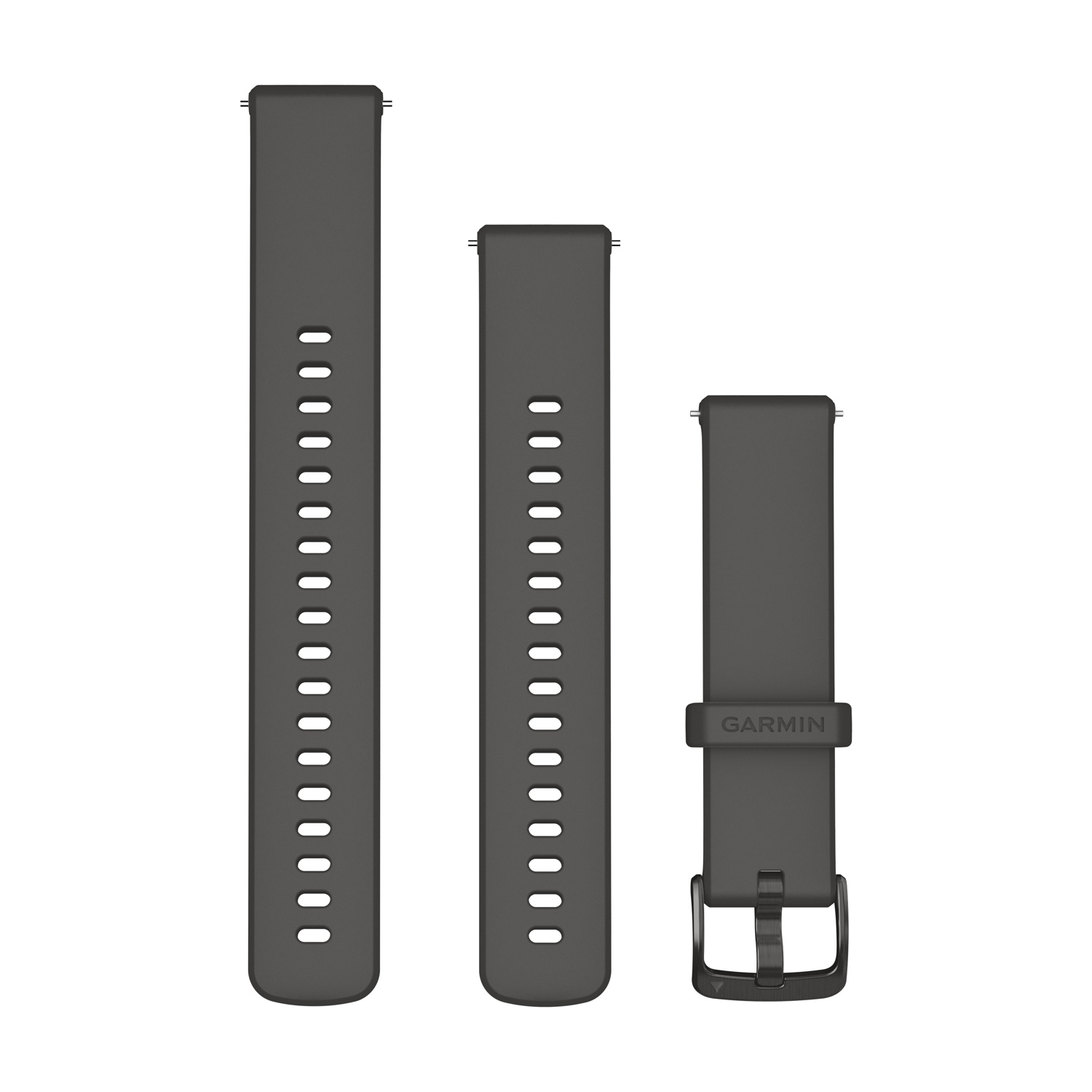 Tre cinturini grigi Garmin uno accanto all'altro su sfondo bianco.