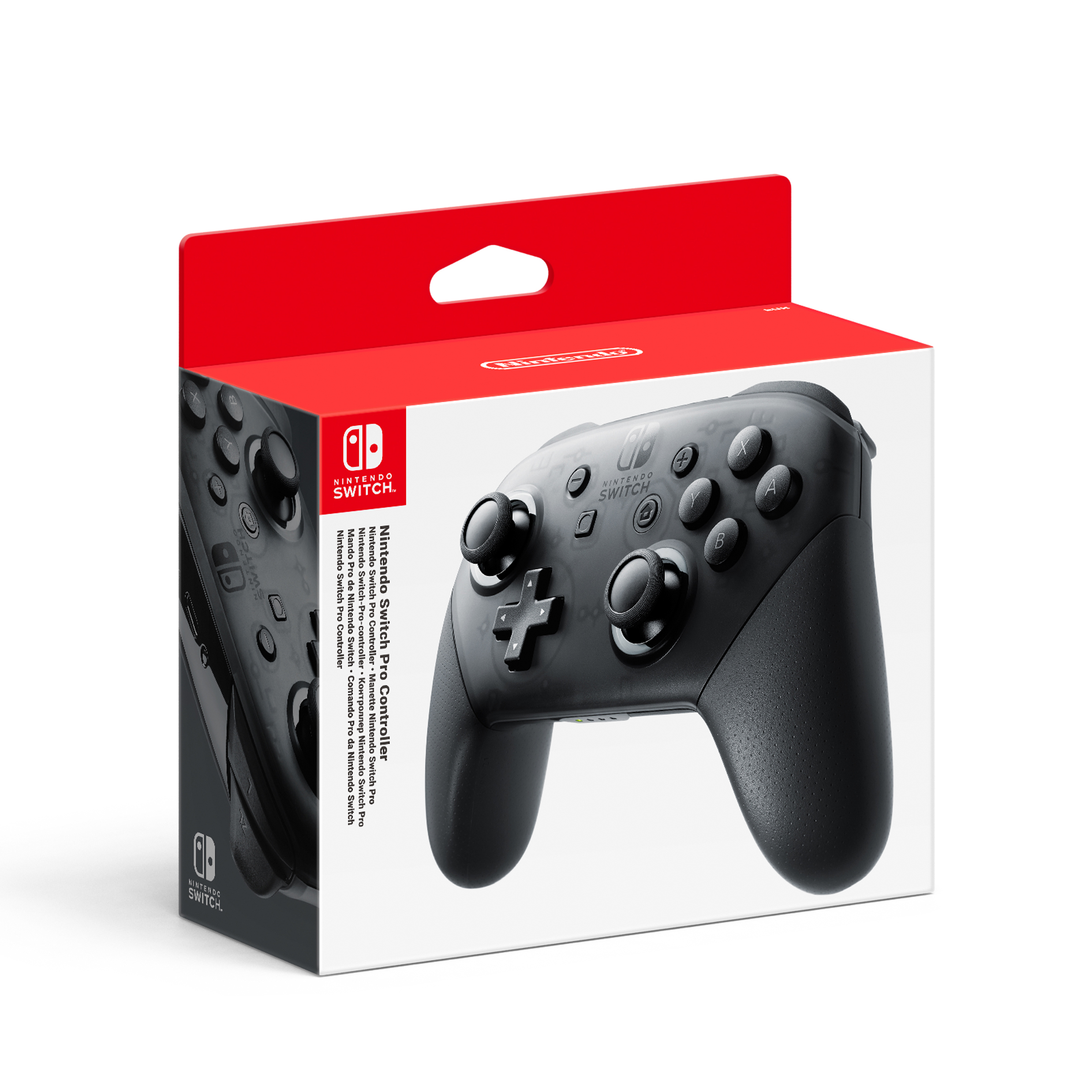 Controller Pro nero Nintendo Switch in scatola rossa con anello.