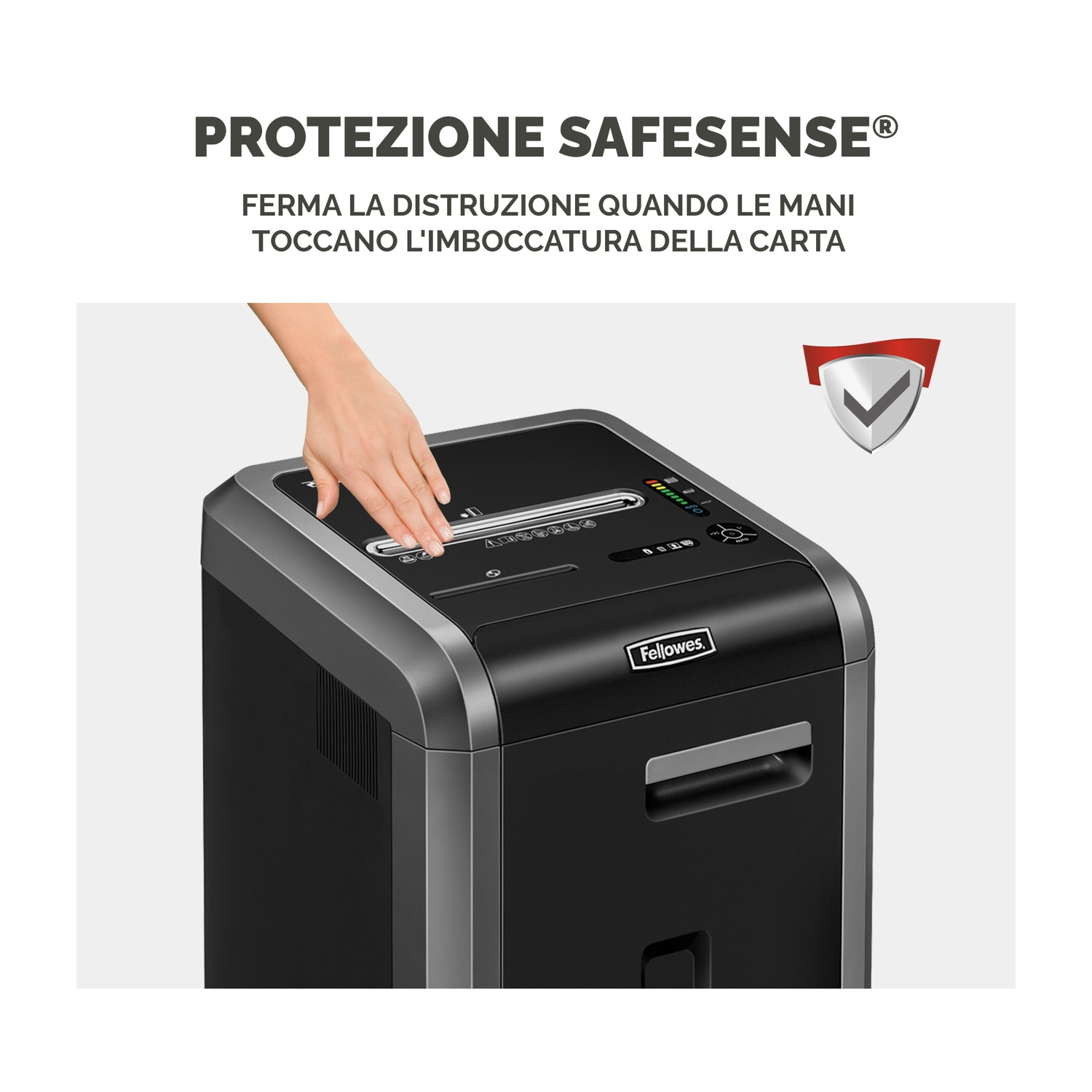La mano de una persona toca una trituradora Fellowes con protección SafeSense.