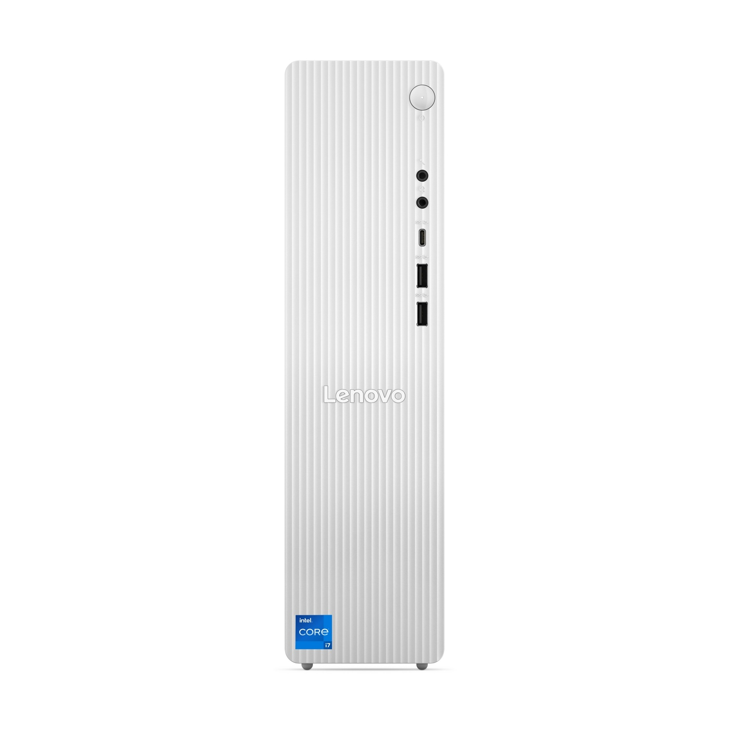 Tower PC Lenovo bianco con frontale scanalato e adesivo Intel Core i7.