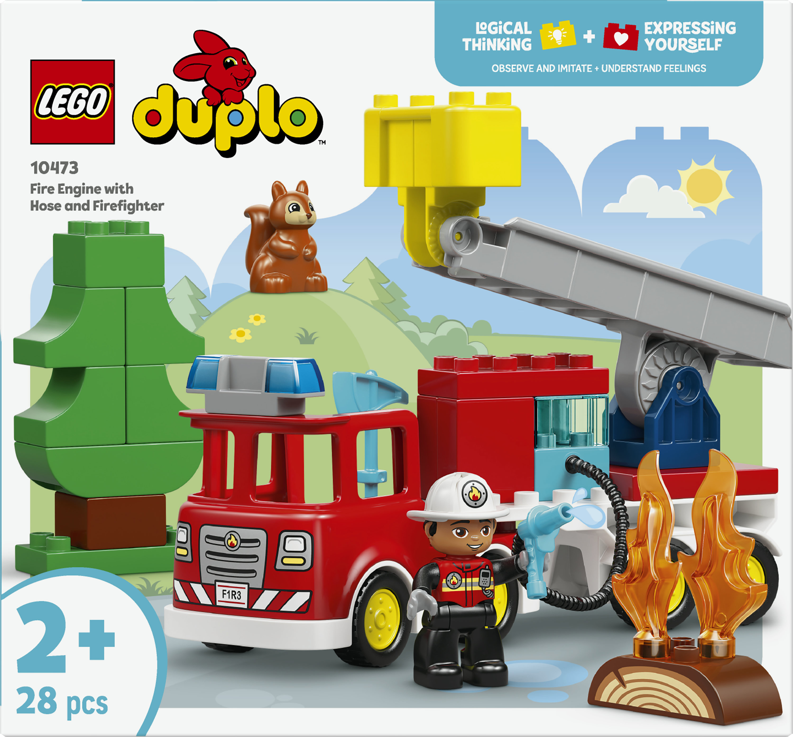 Czerwony wóz strażacki Lego Duplo z strażakiem, drzewem i wiewiórką.