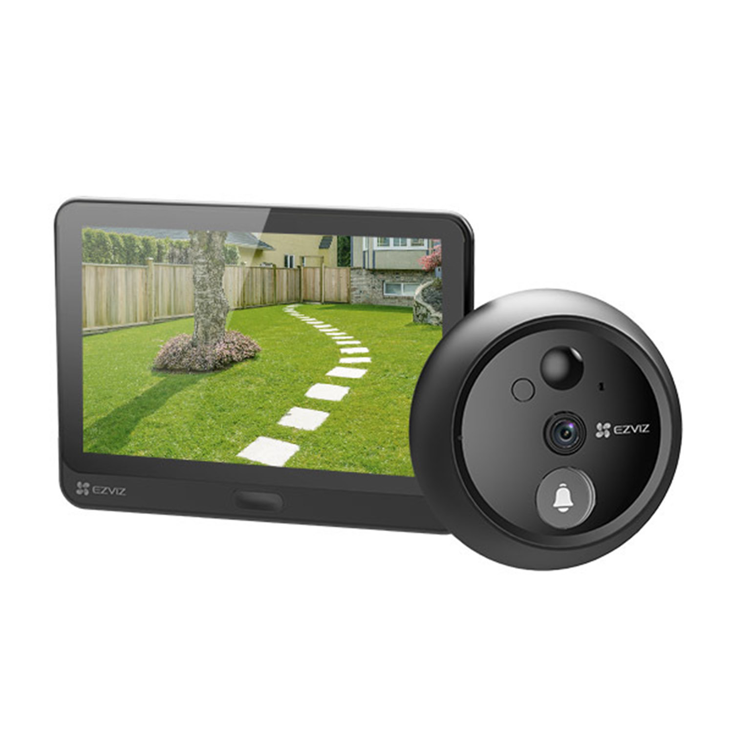 A black video doorbell set with a screen displaying a garden scene.