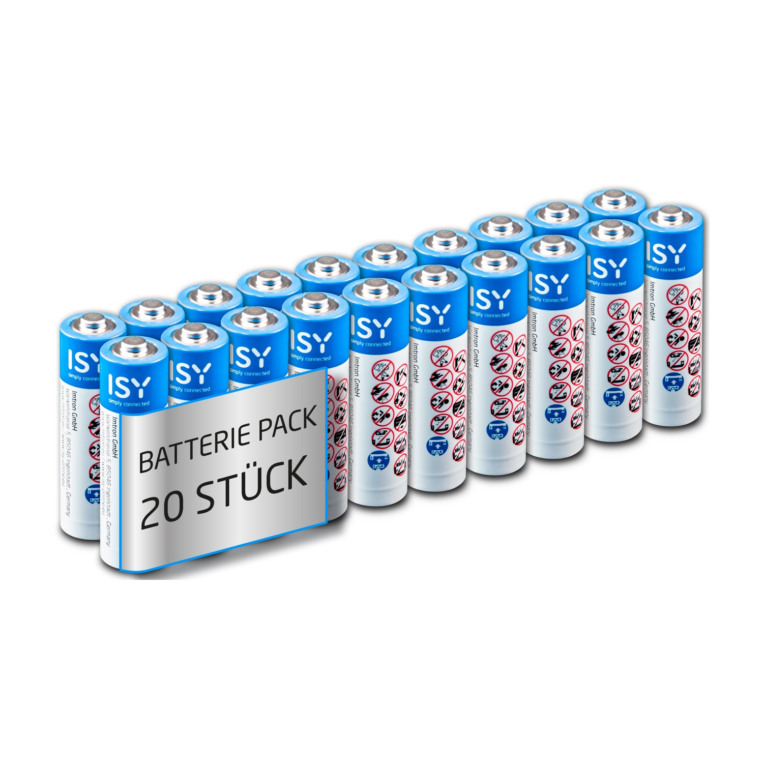 20 ISY Batterien, blau und weiß, in einer Packung mit deutscher Beschriftung.