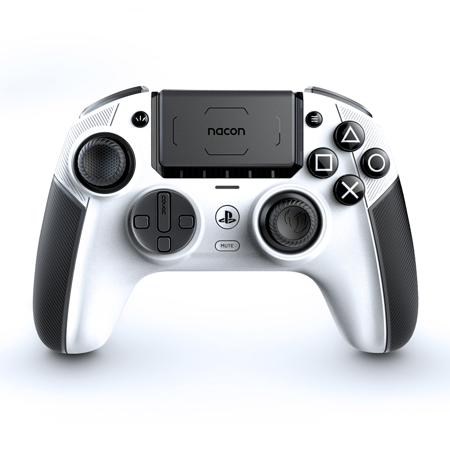 Biały i czarny kontroler do gier Nacon o eleganckim designie i teksturowanych uchwytach.