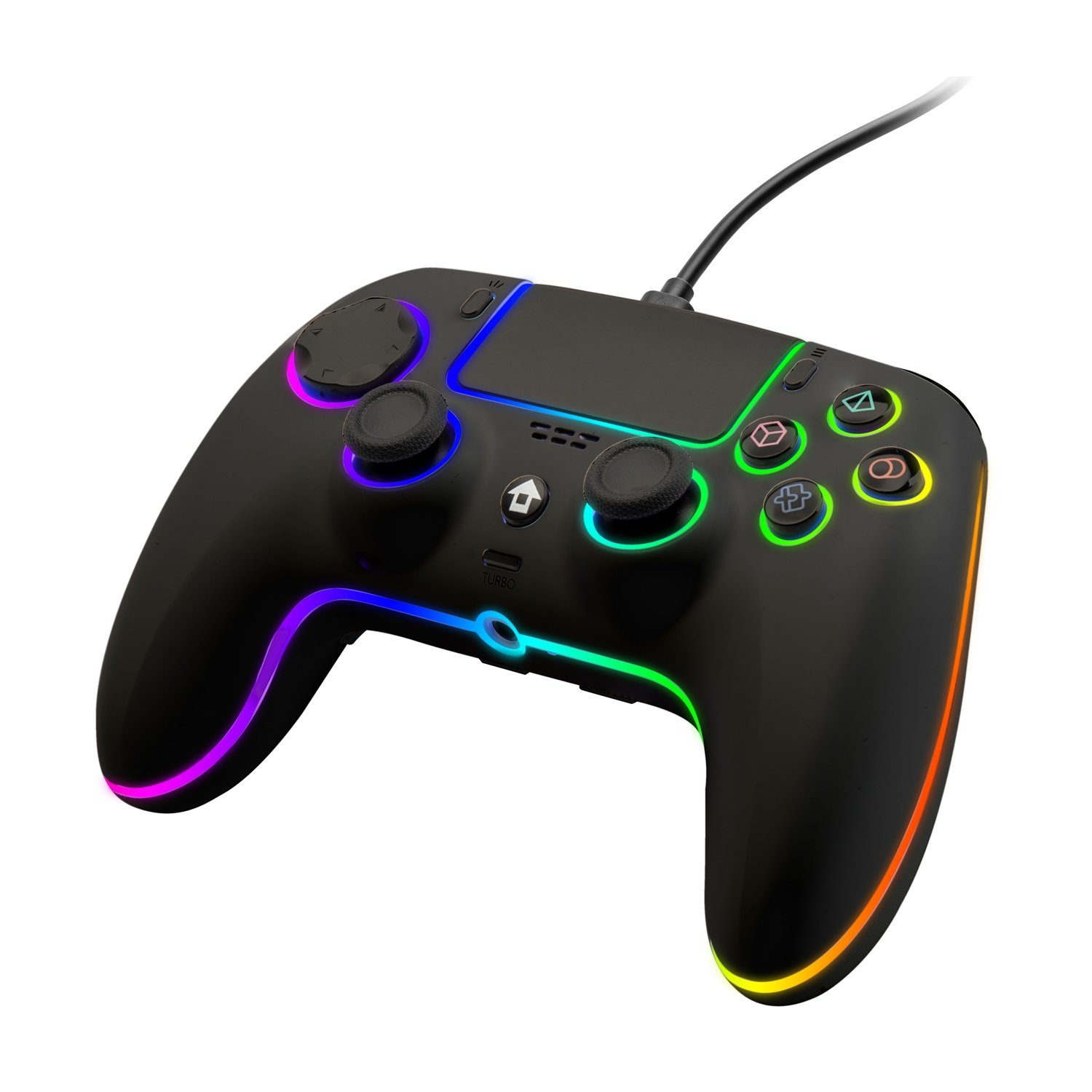 Czarny kontroler do gier z oświetleniem RGB i kablem, na białym tle.