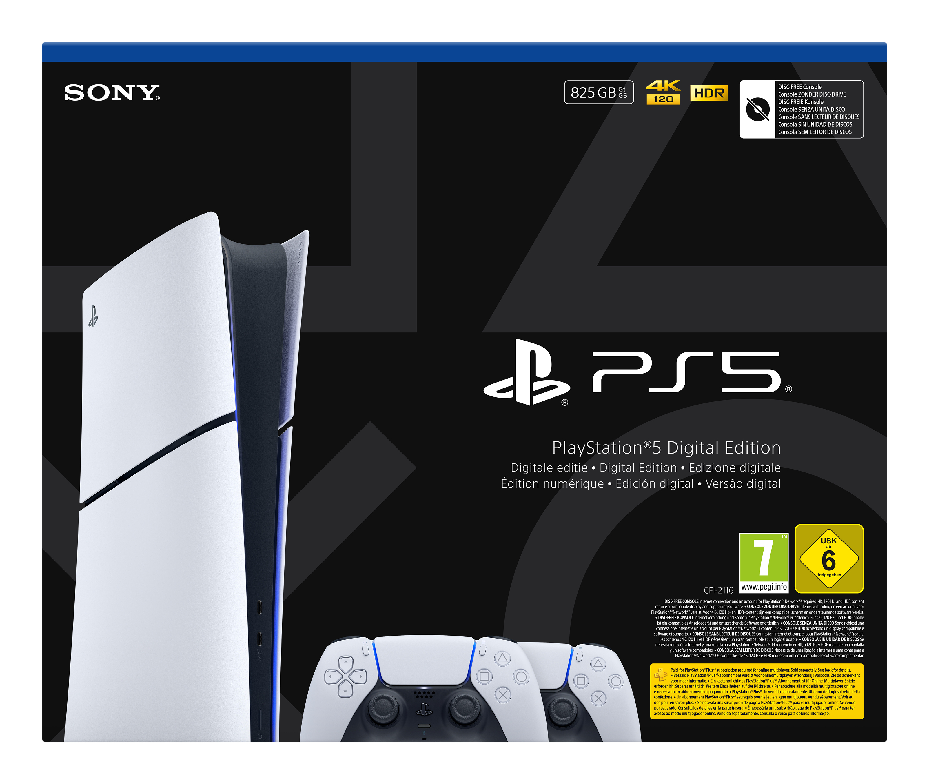 PlayStation 5 Digital Edition Konsole mit zwei Controllern und Sony-Logo.