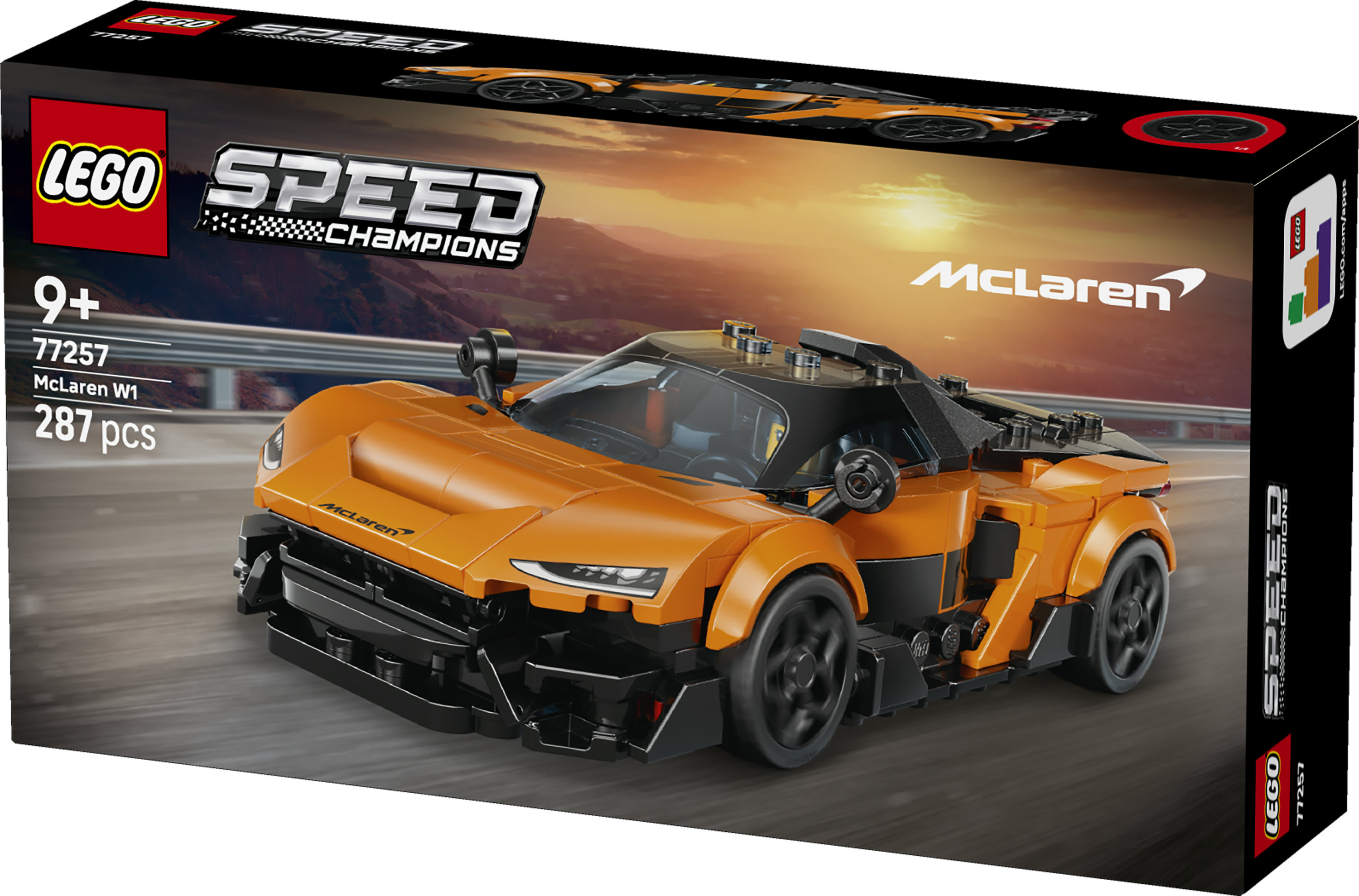 Pudełko zestawu LEGO McLaren W1 z pomarańczowym samochodem i tłem górskim.