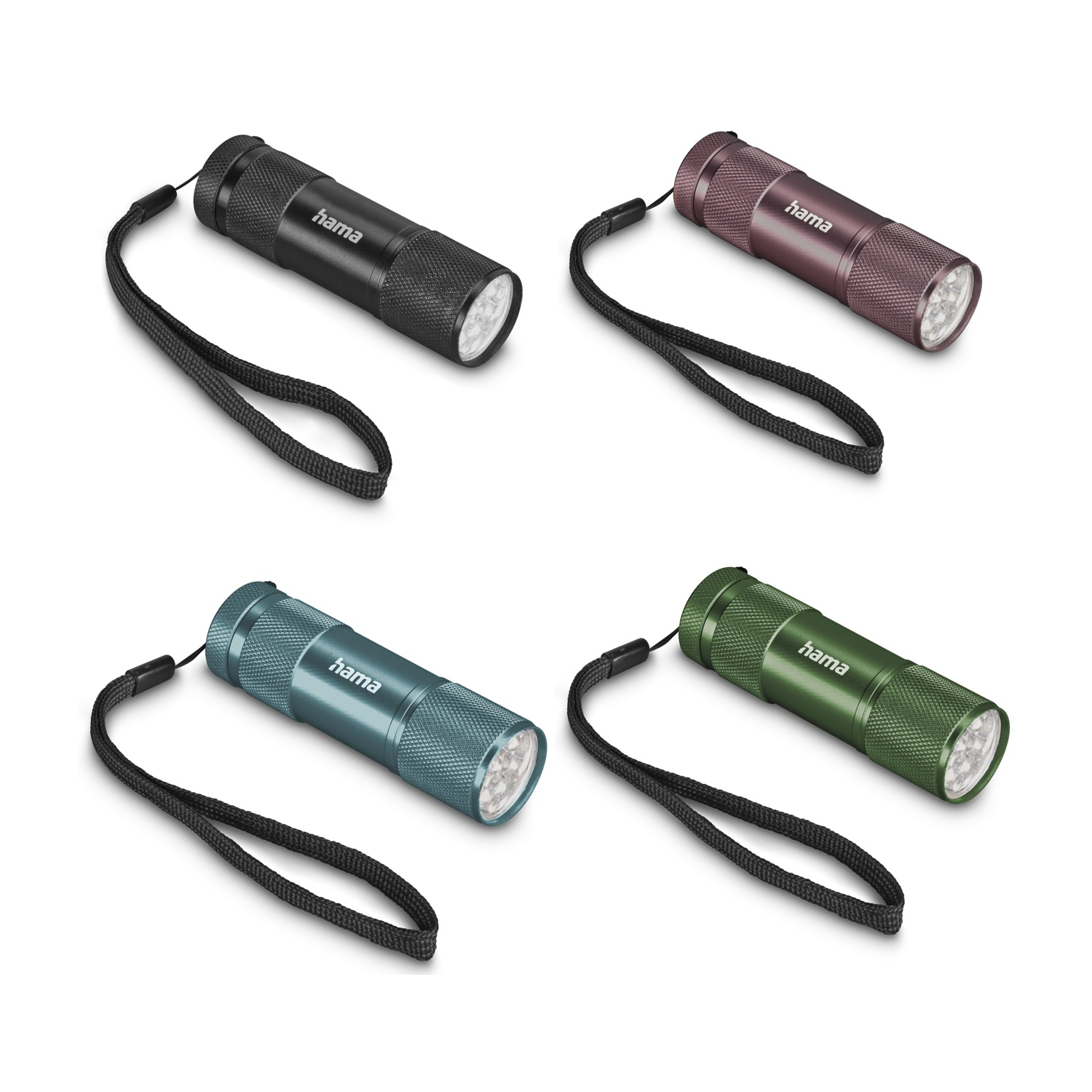 Quattro torce Hama in nero, viola, blu e verde con lacci.