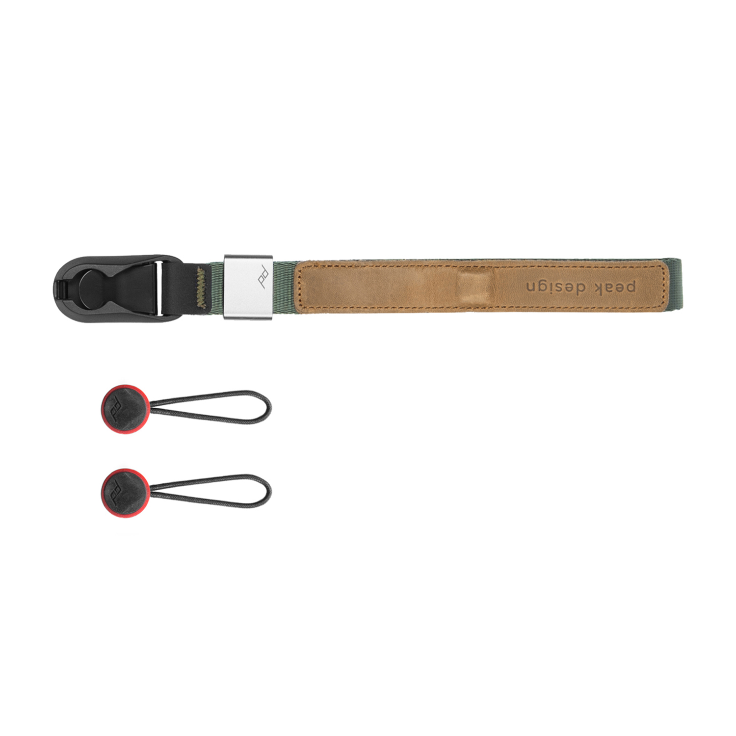 Una tracolla per fotocamera nera e argento con due connettori.