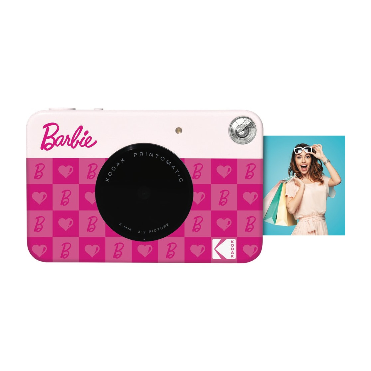 Eine rosafarbene Kamera mit Barbie-Logo und einem Foto einer Frau mit Einkaufstaschen.