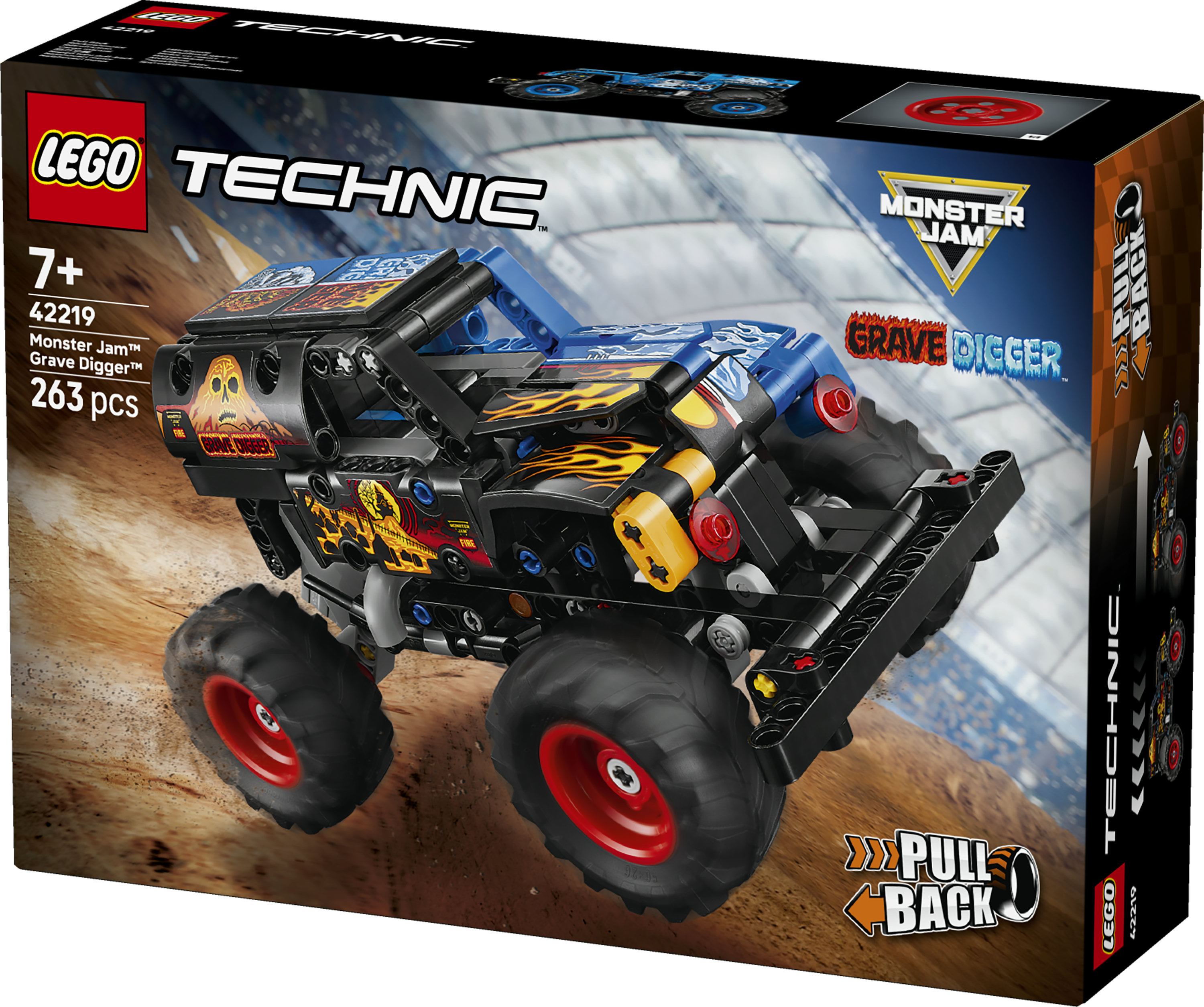 Zabawkowy monster truck Lego Technic Monster Jam Grave Digger na piaszczystym torze.